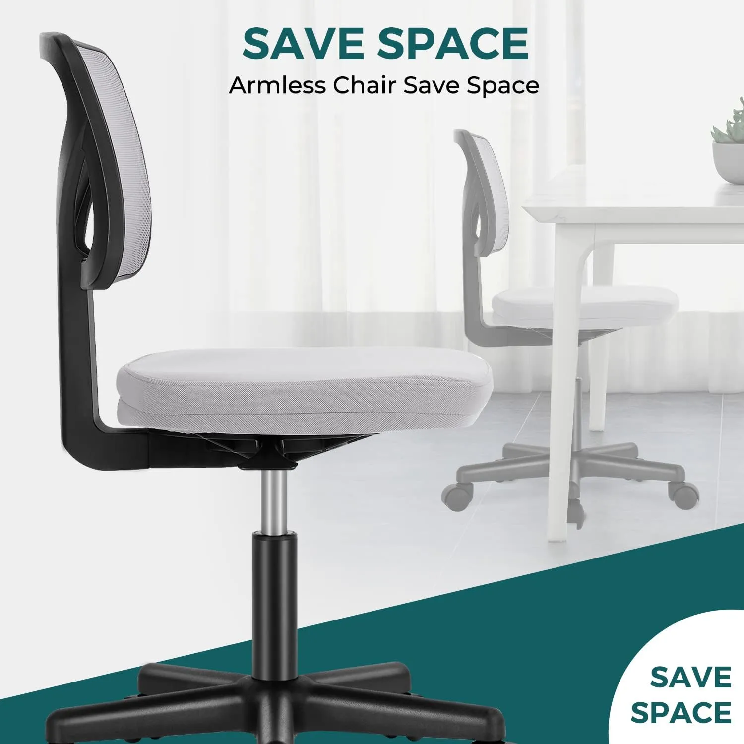 DUMOS Armless Desk Chairs with Wheels, Ergonomic Adjustable Home Office Swivel Rolling Task Chair No Arms, Comfy Mesh Mid Back Computer Work Vanity Desk Seat for Small Spaces, Light Grey
