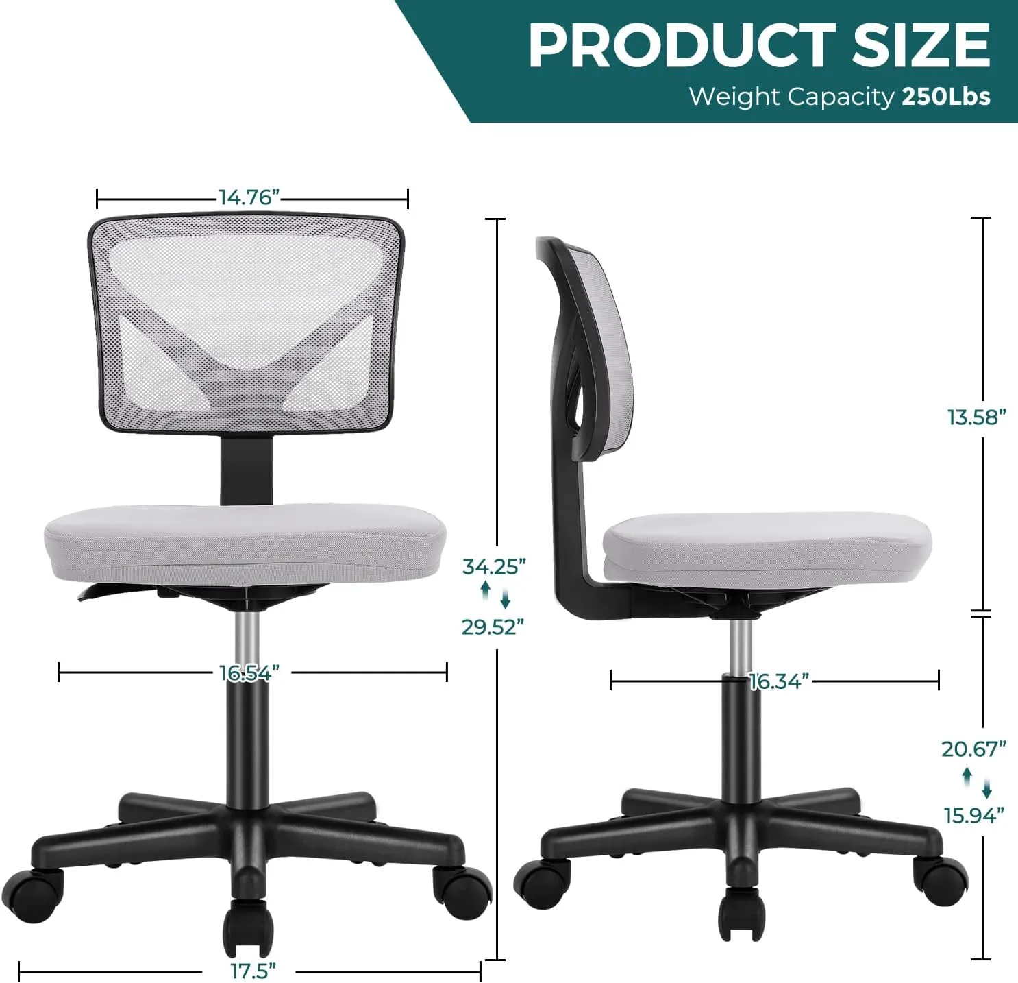 DUMOS Armless Desk Chairs with Wheels, Ergonomic Adjustable Home Office Swivel Rolling Task Chair No Arms, Comfy Mesh Mid Back Computer Work Vanity Desk Seat for Small Spaces, Light Grey