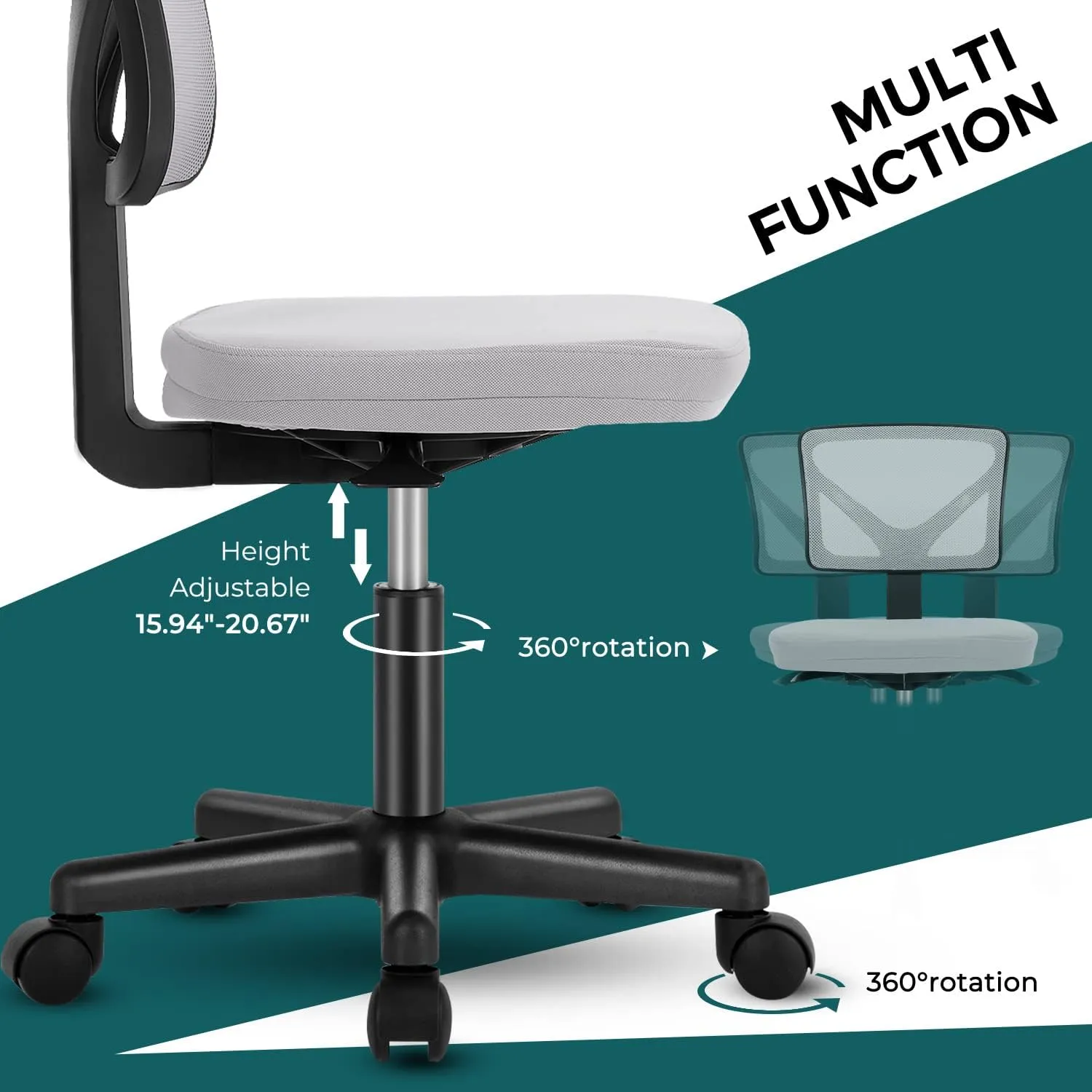 DUMOS Armless Desk Chairs with Wheels, Ergonomic Adjustable Home Office Swivel Rolling Task Chair No Arms, Comfy Mesh Mid Back Computer Work Vanity Desk Seat for Small Spaces, Light Grey