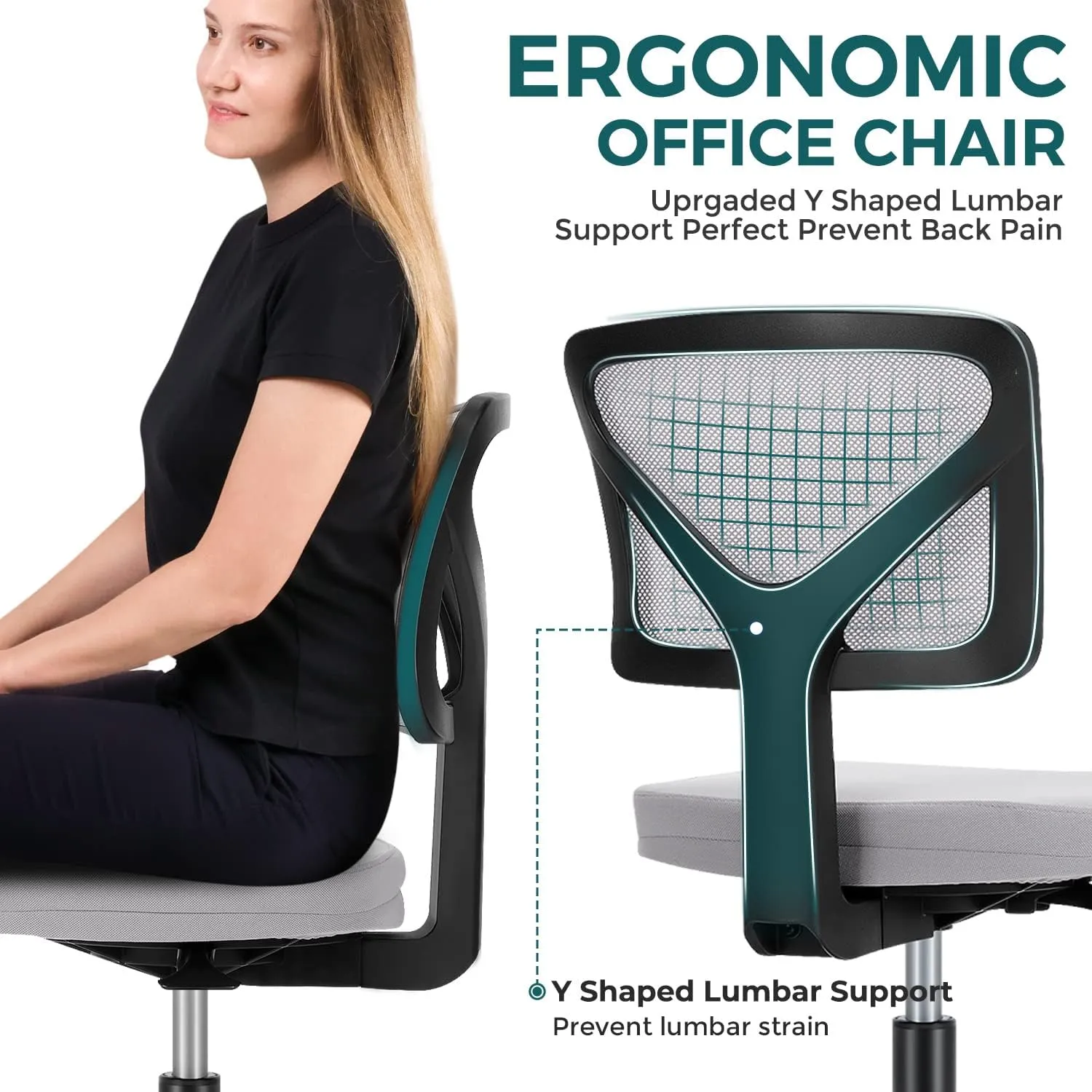 DUMOS Armless Desk Chairs with Wheels, Ergonomic Adjustable Home Office Swivel Rolling Task Chair No Arms, Comfy Mesh Mid Back Computer Work Vanity Desk Seat for Small Spaces, Light Grey