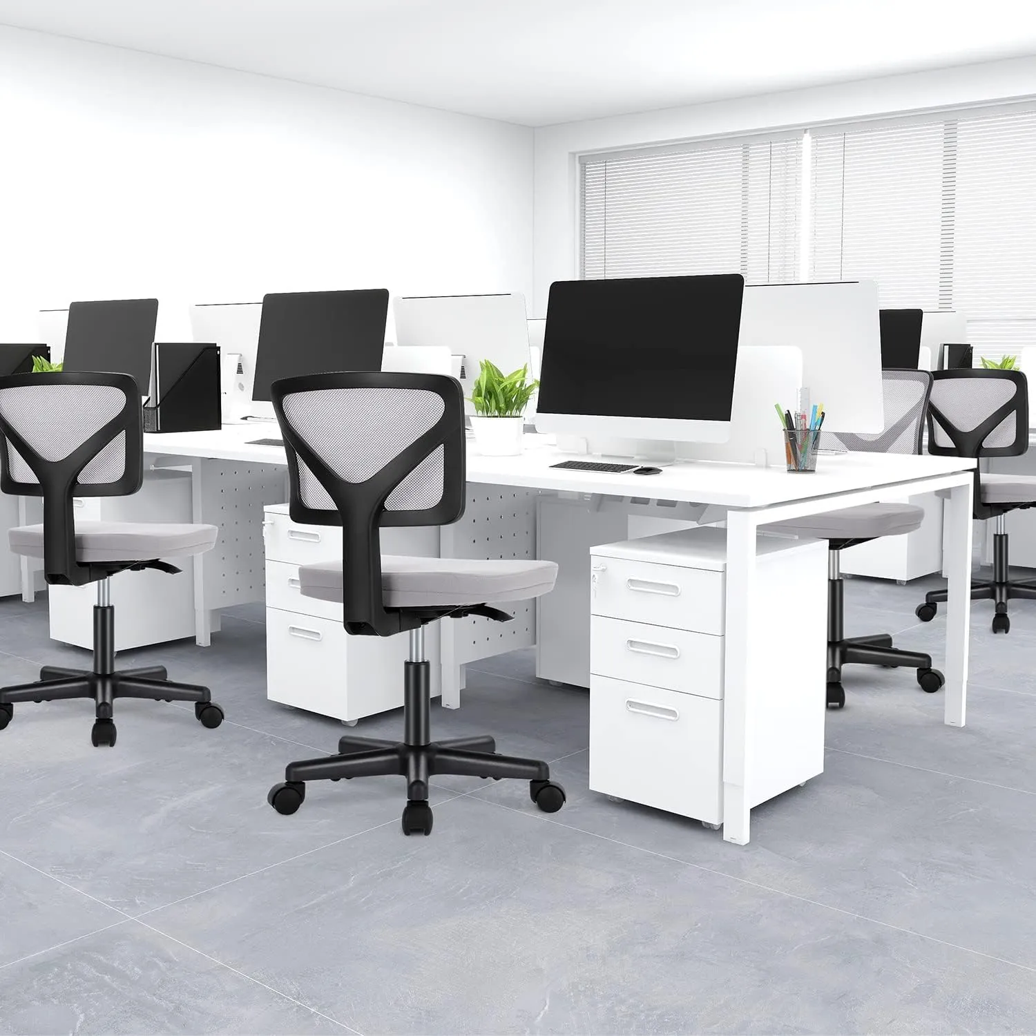 DUMOS Armless Desk Chairs with Wheels, Ergonomic Adjustable Home Office Swivel Rolling Task Chair No Arms, Comfy Mesh Mid Back Computer Work Vanity Desk Seat for Small Spaces, Light Grey