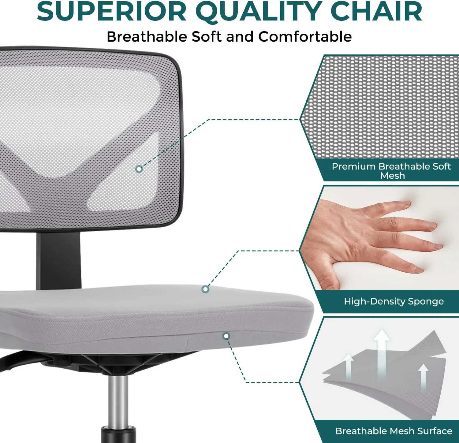 DUMOS Armless Desk Chairs with Wheels, Ergonomic Adjustable Home Office Swivel Rolling Task Chair No Arms, Comfy Mesh Mid Back Computer Work Vanity Desk Seat for Small Spaces, Light Grey