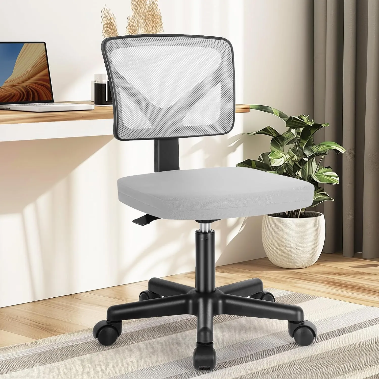 DUMOS Armless Desk Chairs with Wheels, Ergonomic Adjustable Home Office Swivel Rolling Task Chair No Arms, Comfy Mesh Mid Back Computer Work Vanity Desk Seat for Small Spaces, Light Grey