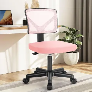 DUMOS Armless Desk Chairs with Wheels, Ergonomic Adjustable Home Office Swivel Rolling Task Chair No Arms, Comfy Mesh Mid Back Computer Work Vanity Desk Seat for Small Spaces, Light Pink