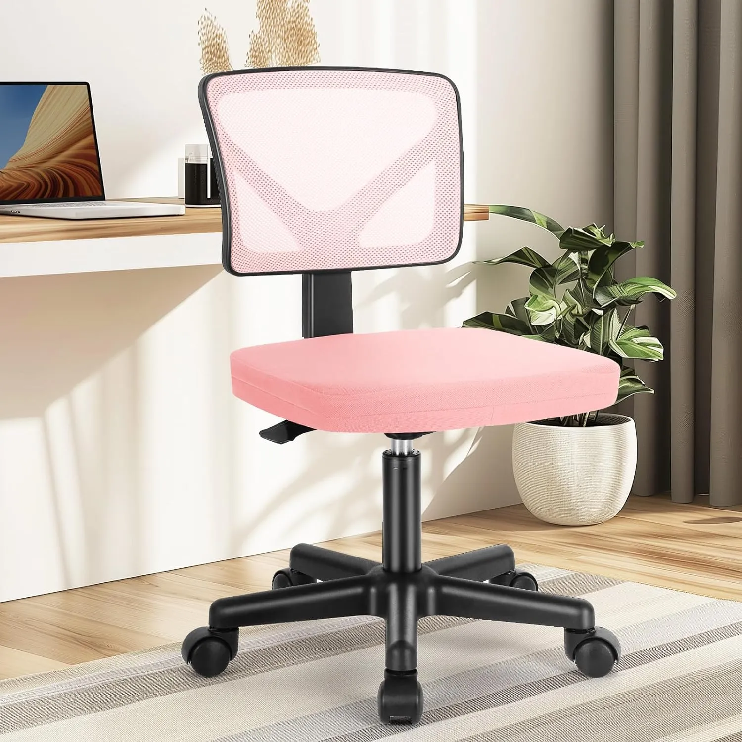 DUMOS Armless Desk Chairs with Wheels, Ergonomic Adjustable Home Office Swivel Rolling Task Chair No Arms, Comfy Mesh Mid Back Computer Work Vanity Desk Seat for Small Spaces, Light Pink