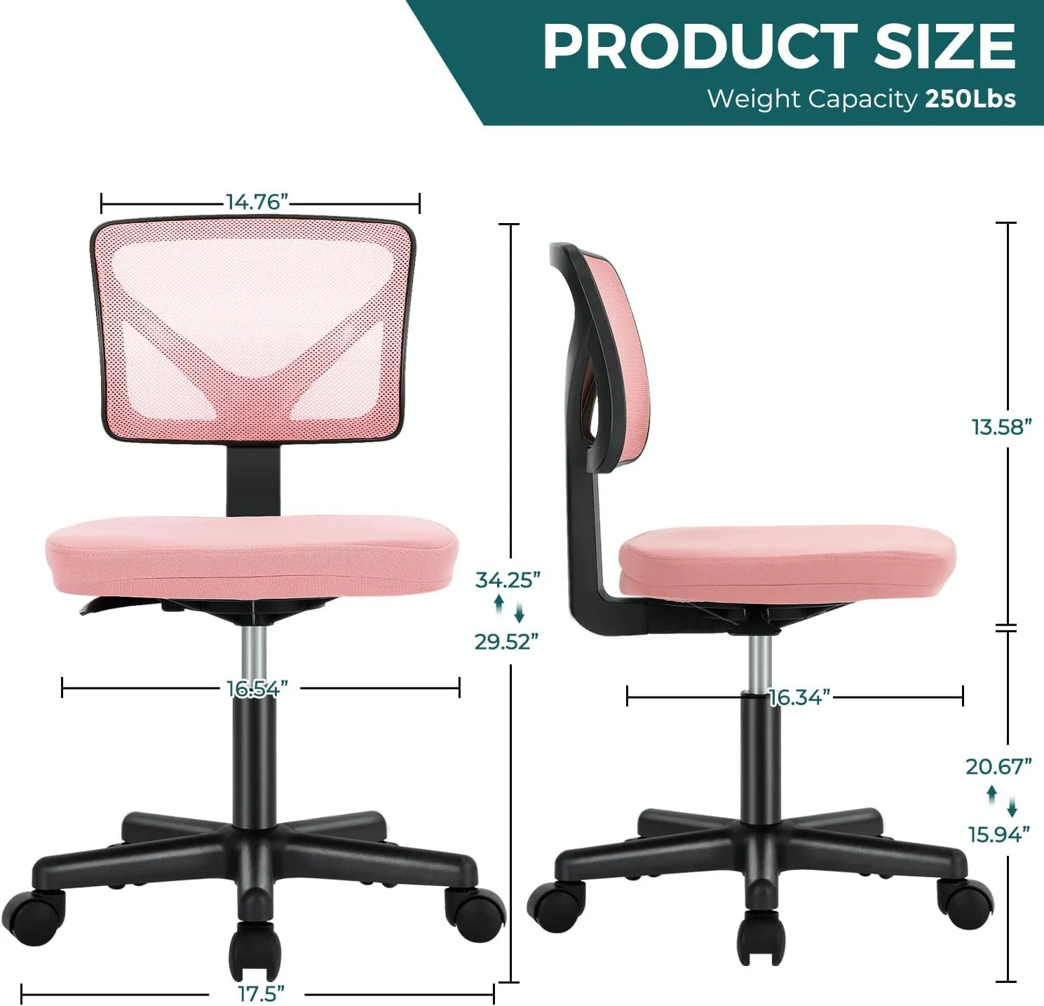 DUMOS Armless Desk Chairs with Wheels, Ergonomic Adjustable Home Office Swivel Rolling Task Chair No Arms, Comfy Mesh Mid Back Computer Work Vanity Desk Seat for Small Spaces, Light Pink