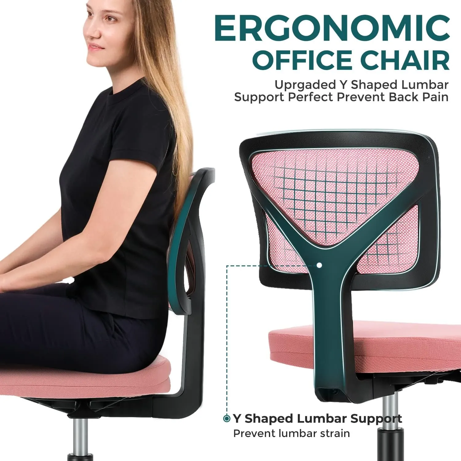 DUMOS Armless Desk Chairs with Wheels, Ergonomic Adjustable Home Office Swivel Rolling Task Chair No Arms, Comfy Mesh Mid Back Computer Work Vanity Desk Seat for Small Spaces, Light Pink