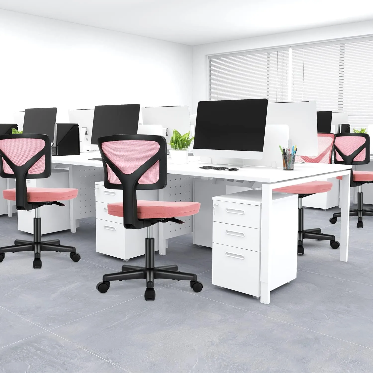 DUMOS Armless Desk Chairs with Wheels, Ergonomic Adjustable Home Office Swivel Rolling Task Chair No Arms, Comfy Mesh Mid Back Computer Work Vanity Desk Seat for Small Spaces, Light Pink