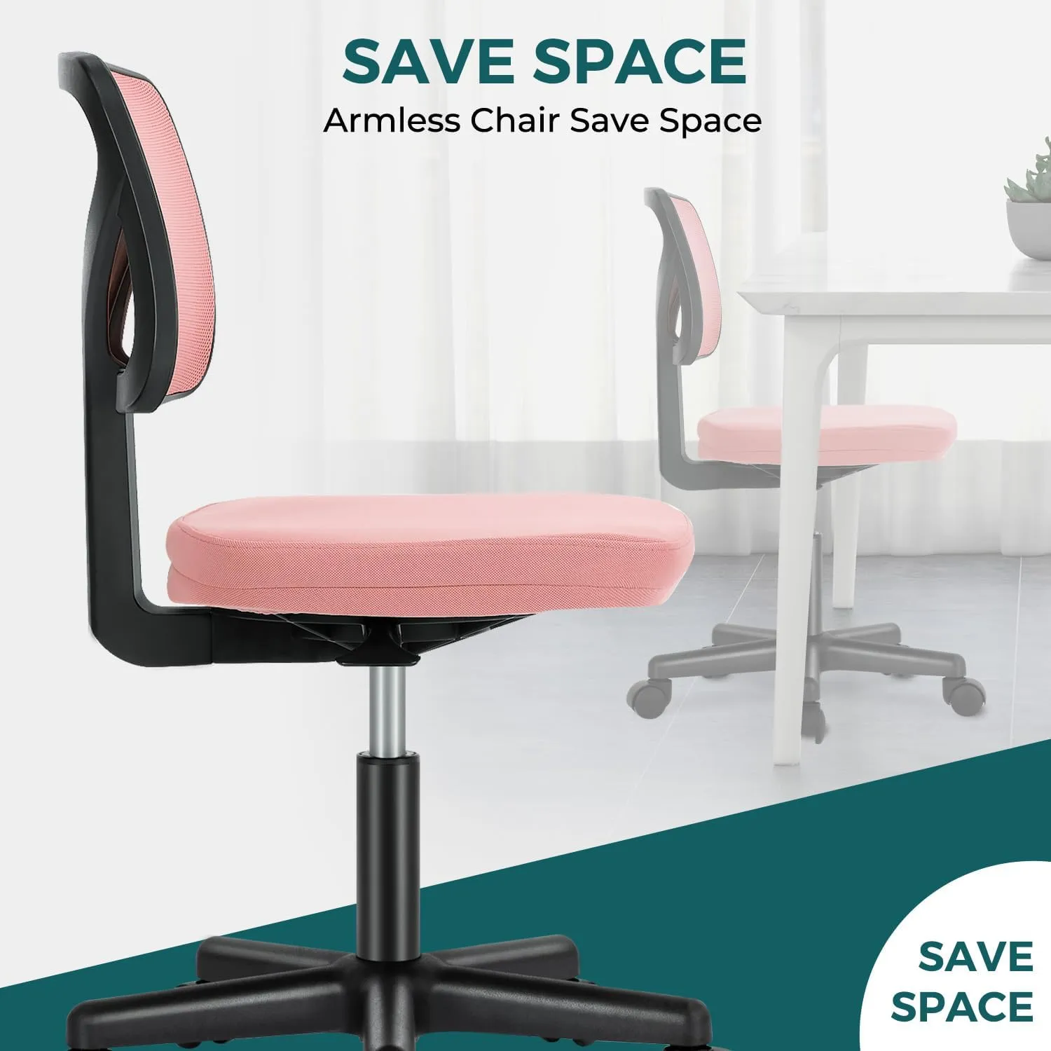DUMOS Armless Desk Chairs with Wheels, Ergonomic Adjustable Home Office Swivel Rolling Task Chair No Arms, Comfy Mesh Mid Back Computer Work Vanity Desk Seat for Small Spaces, Light Pink