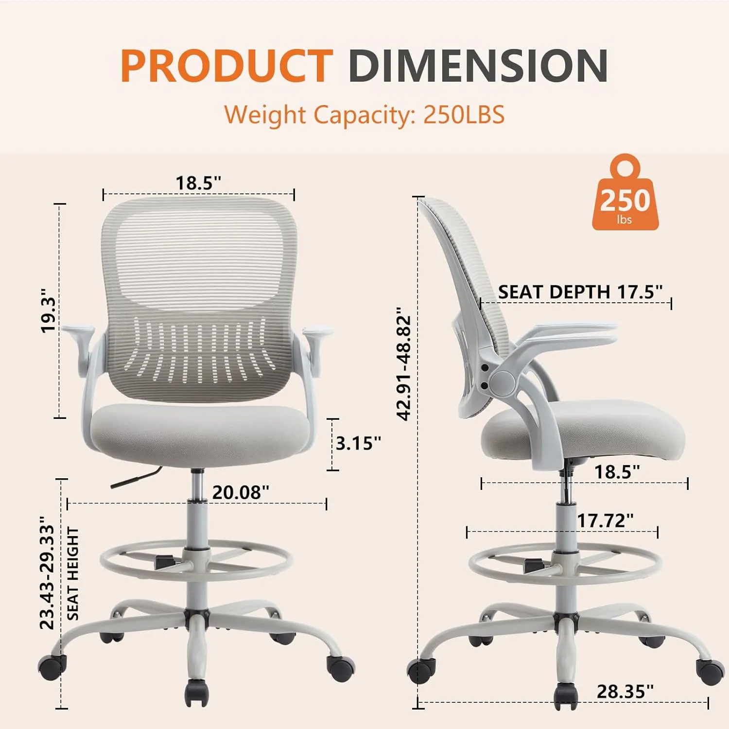 DUMOS Drafting Chair for Standing Desk, Counter Height Adjustable, Flip-up Arms, Ergonomic Mid Back Mesh Rolling Work Swivel Office Computer Chairs with Wheels, Grey