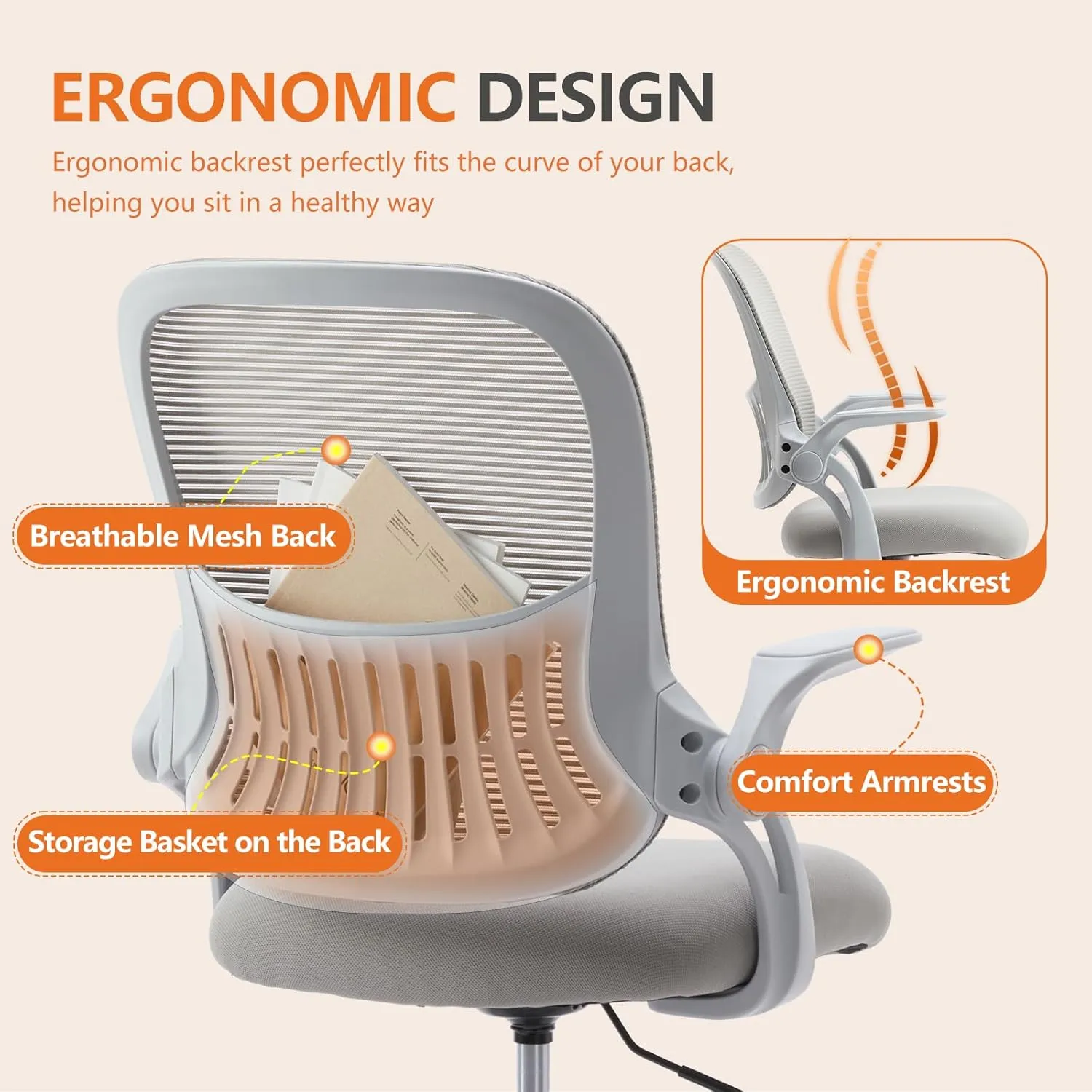 DUMOS Drafting Chair for Standing Desk, Counter Height Adjustable, Flip-up Arms, Ergonomic Mid Back Mesh Rolling Work Swivel Office Computer Chairs with Wheels, Grey