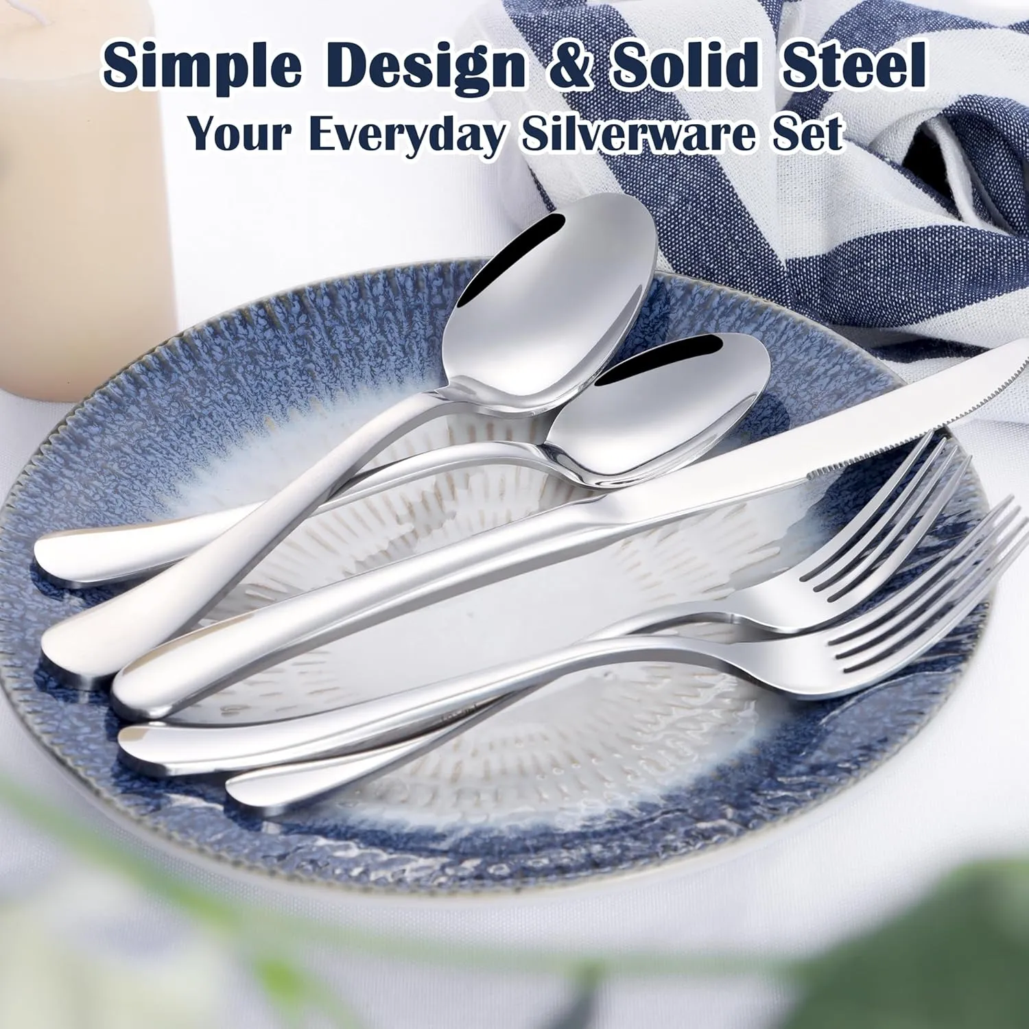E-far Heavy Duty Silverware Set for 8, 40-Piece Stainless Steel Flatware Cutlery Set, Thick Metal Eating Utensils Including Forks and Spoons Knife, Heavy Weight & Mirror Finish, Dishwasher Safe