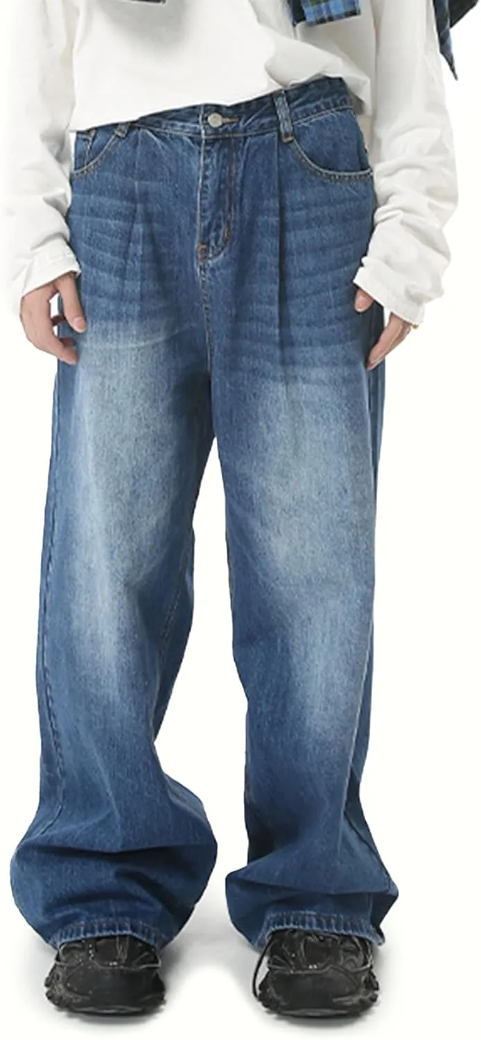 EMMIOL Mens Baggy Hip Hop Jeans Y2K 90s Vintage Trousers Solid Loose Fit Denim Pants Streetwear