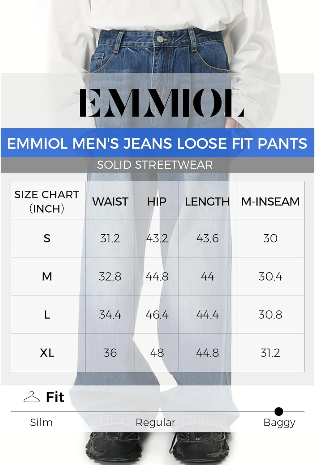 EMMIOL Mens Baggy Hip Hop Jeans Y2K 90s Vintage Trousers Solid Loose Fit Denim Pants Streetwear
