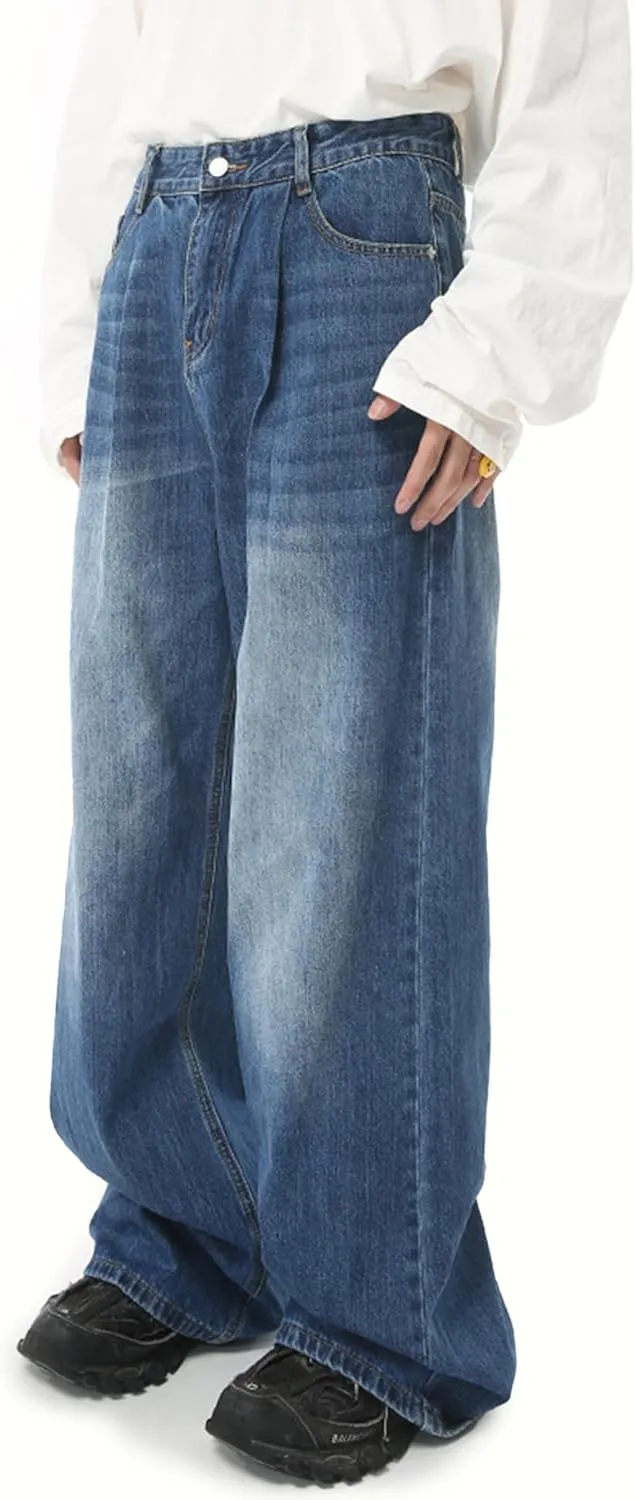 EMMIOL Mens Baggy Hip Hop Jeans Y2K 90s Vintage Trousers Solid Loose Fit Denim Pants Streetwear