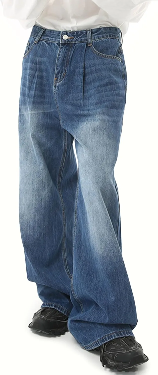 EMMIOL Mens Baggy Hip Hop Jeans Y2K 90s Vintage Trousers Solid Loose Fit Denim Pants Streetwear