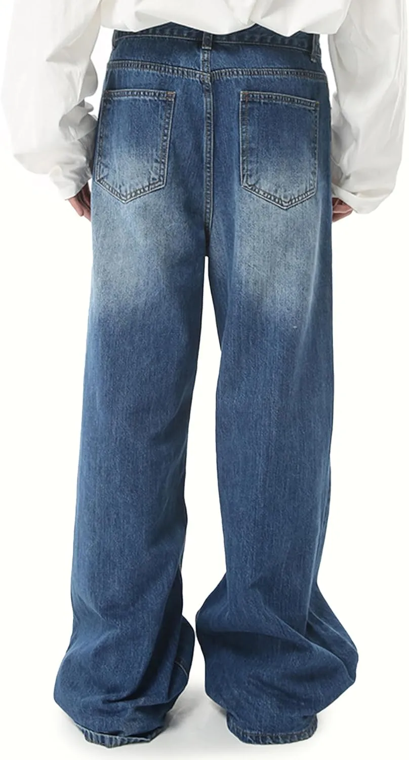 EMMIOL Mens Baggy Hip Hop Jeans Y2K 90s Vintage Trousers Solid Loose Fit Denim Pants Streetwear
