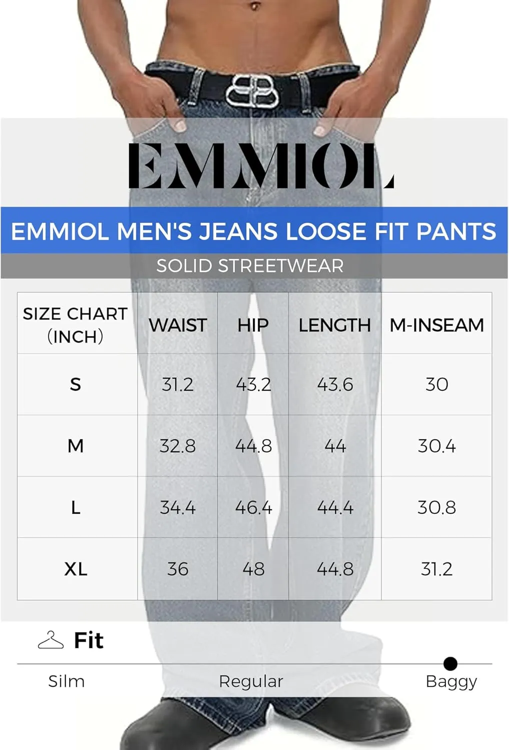 EMMIOL Mens Baggy Hip Hop Jeans Y2k Casual Wide Leg Pants Loose Fit Denim Skater Vintage Streetwear 90s