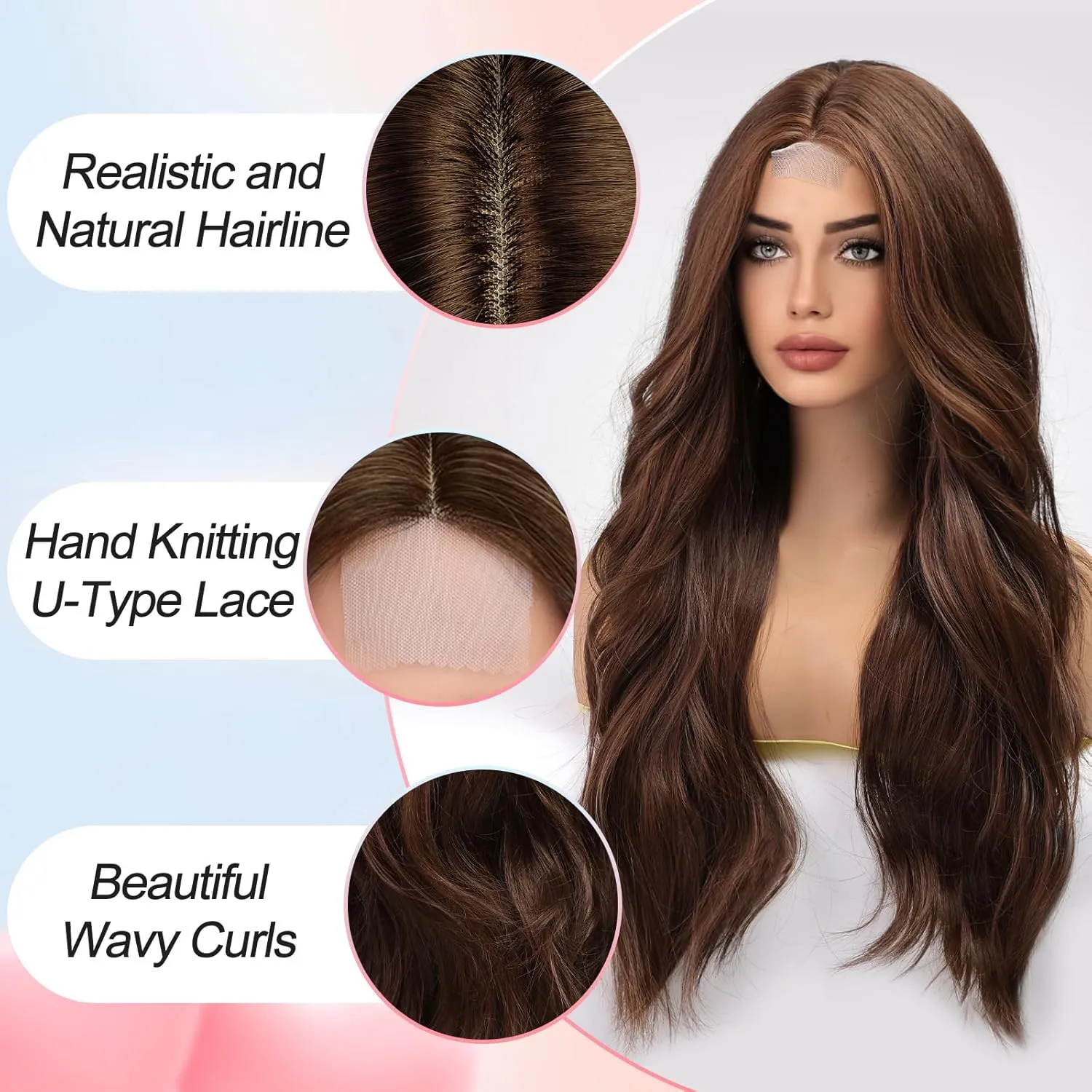 EMMOR Long Mixed Brown Wavy Wig for Women Lace Front Wigs Natural Looking 26 Inch Middle Part Curly Wig Heat Resistant Synthetic Wigs for Daily Party Use