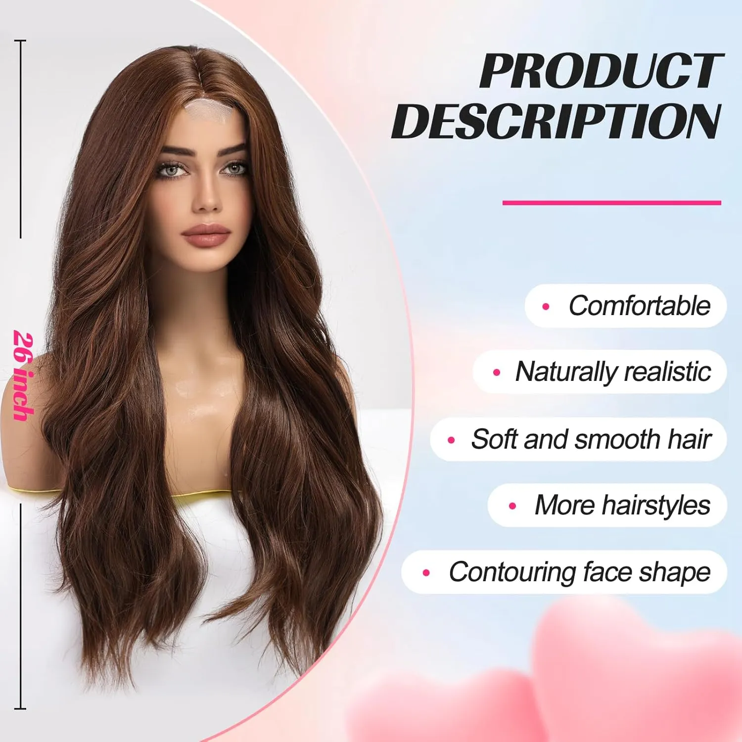 EMMOR Long Mixed Brown Wavy Wig for Women Lace Front Wigs Natural Looking 26 Inch Middle Part Curly Wig Heat Resistant Synthetic Wigs for Daily Party Use