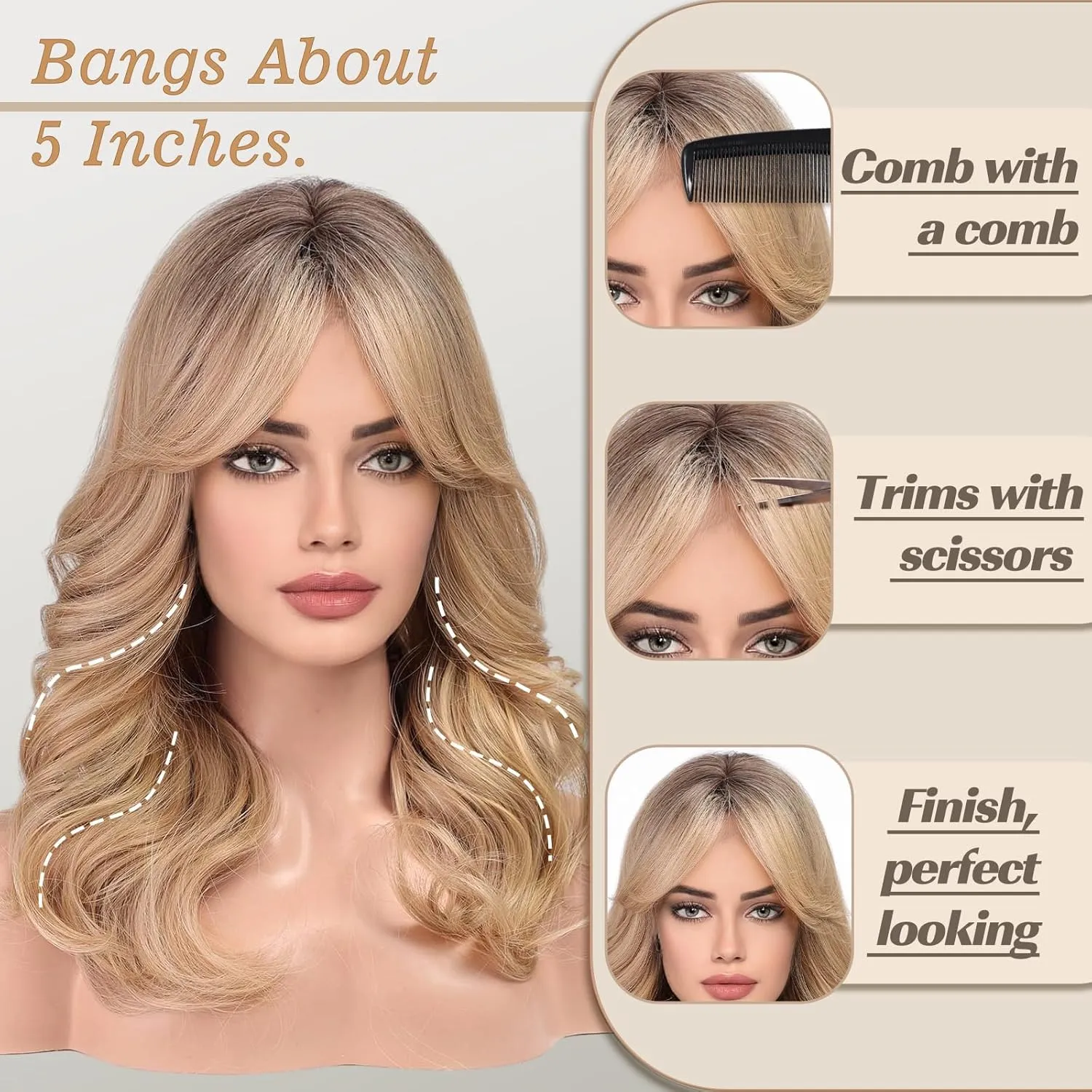 EMMOR Short Curly Wigs with Fringe，Wavy Bob Wigs for Women Heat Resistant Synthetic Blonde Wigs Shoulder Length Wigs Natural Looking（Mixed Blonde with Dark Roots