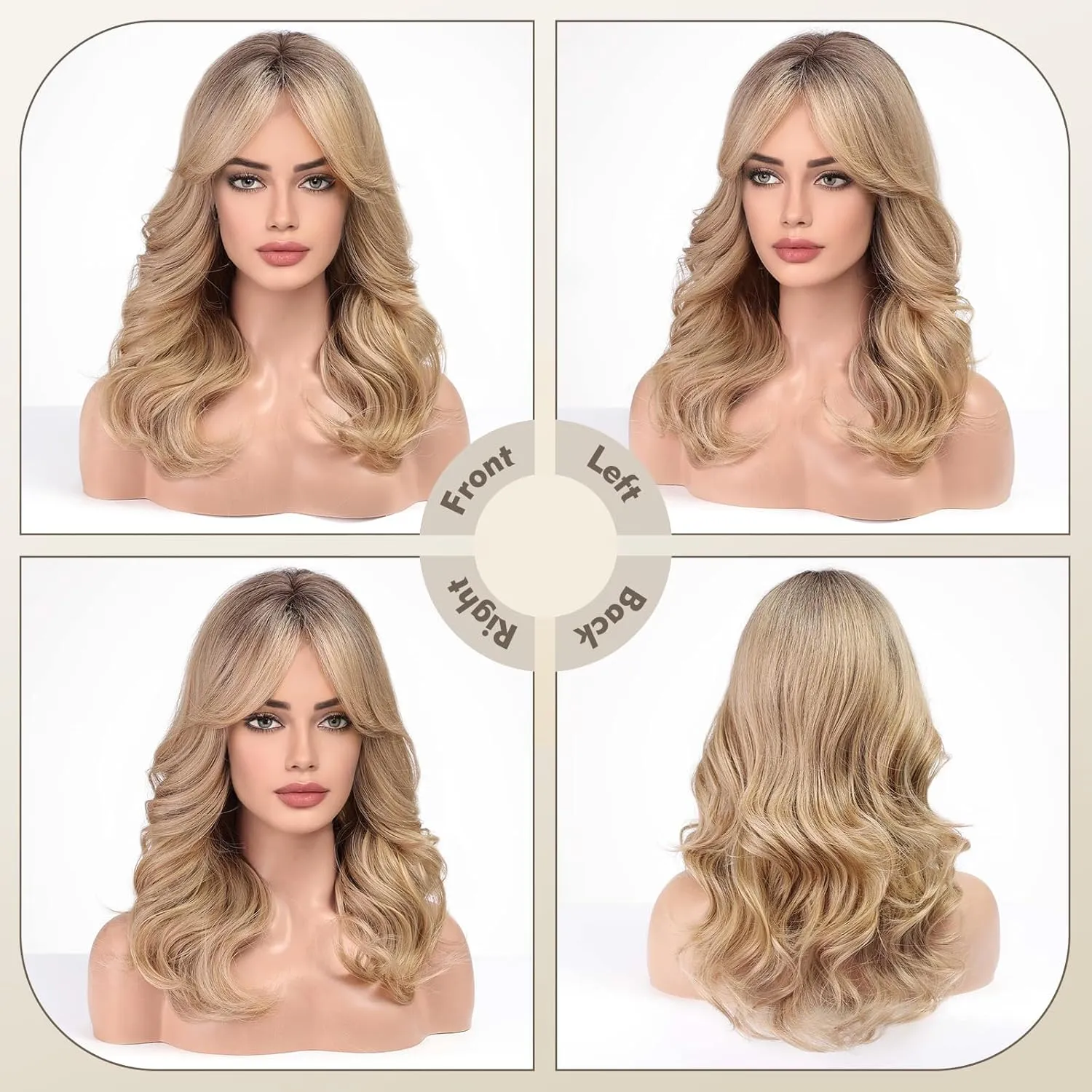 EMMOR Short Curly Wigs with Fringe，Wavy Bob Wigs for Women Heat Resistant Synthetic Blonde Wigs Shoulder Length Wigs Natural Looking（Mixed Blonde with Dark Roots
