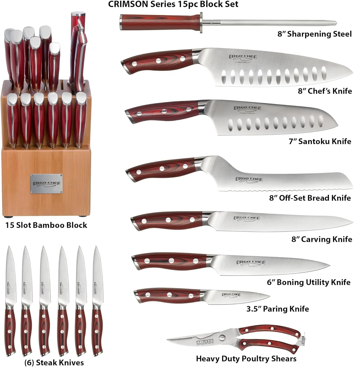Ergo Chef Crimson Series Bamboo Block Knife Set Forged High Carbon X50CrMoV15 German Stainless-Steel, Full Tang, Durable G10 Handles (15pc. Block Set)