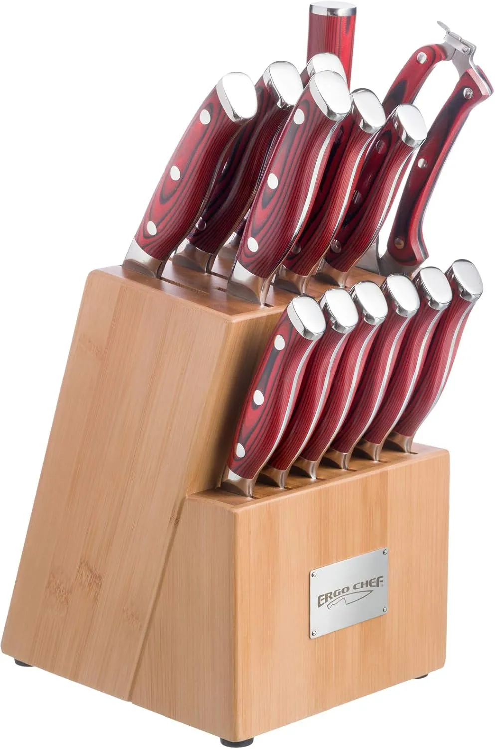 Ergo Chef Crimson Series Bamboo Block Knife Set Forged High Carbon X50CrMoV15 German Stainless-Steel, Full Tang, Durable G10 Handles (15pc. Block Set)