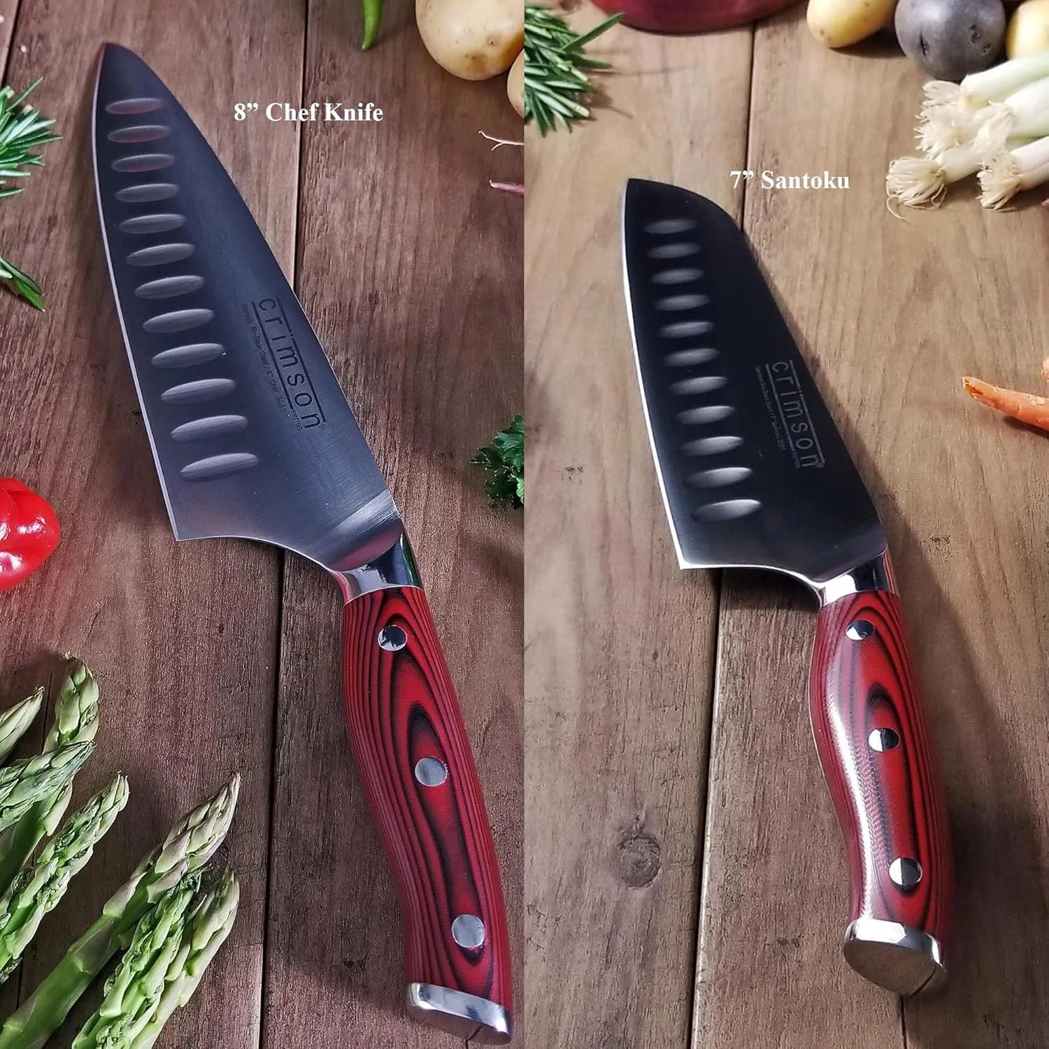 Ergo Chef Crimson Series Bamboo Block Knife Set Forged High Carbon X50CrMoV15 German Stainless-Steel, Full Tang, Durable G10 Handles (15pc. Block Set)