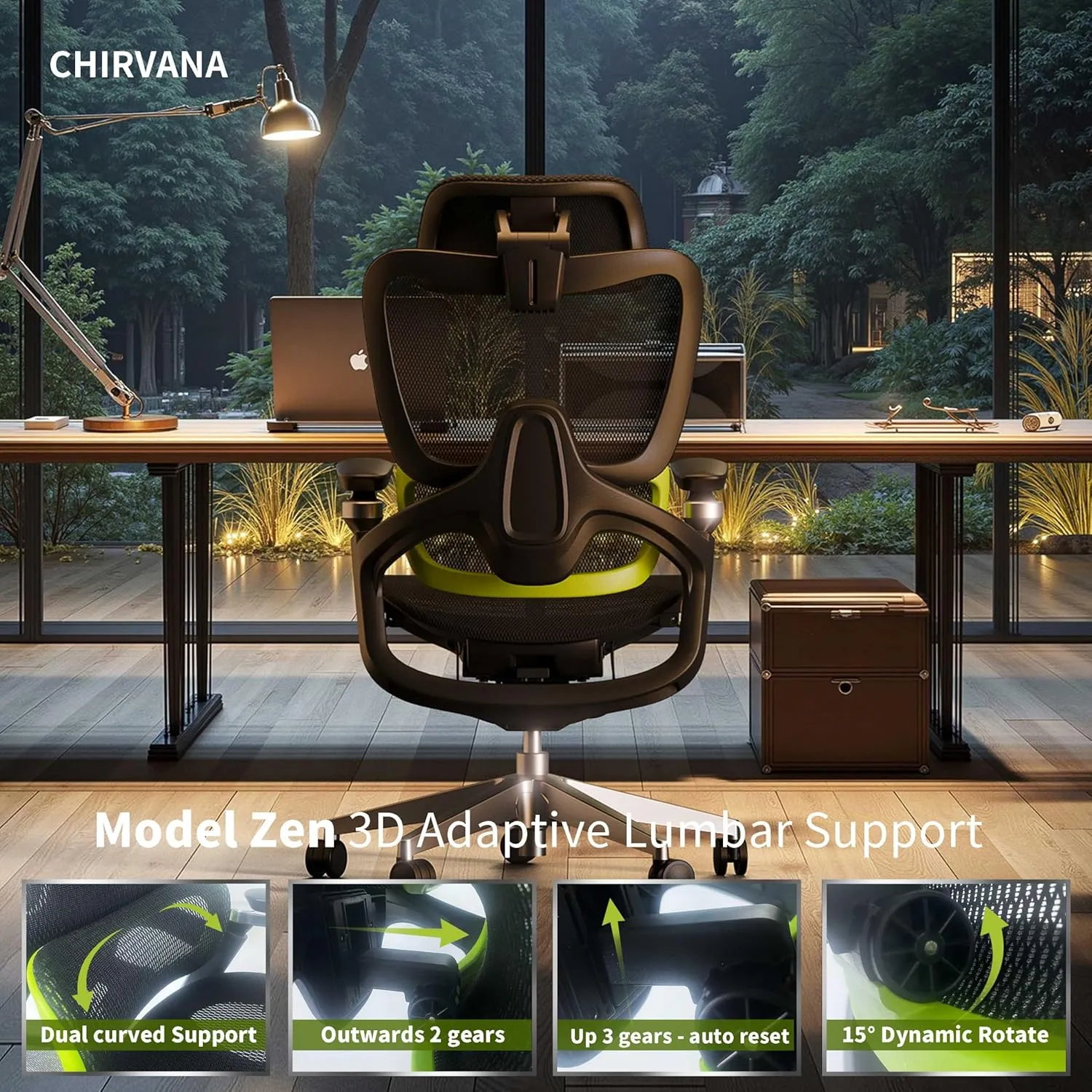 Ergonomic Office Chair, Big and Tall Mesh Computer Gaming Chair with Headrest, Work Chair with Adaptive Lumbar Support, 5D Armrest,90-130°Tilt, Model Zen (Green)