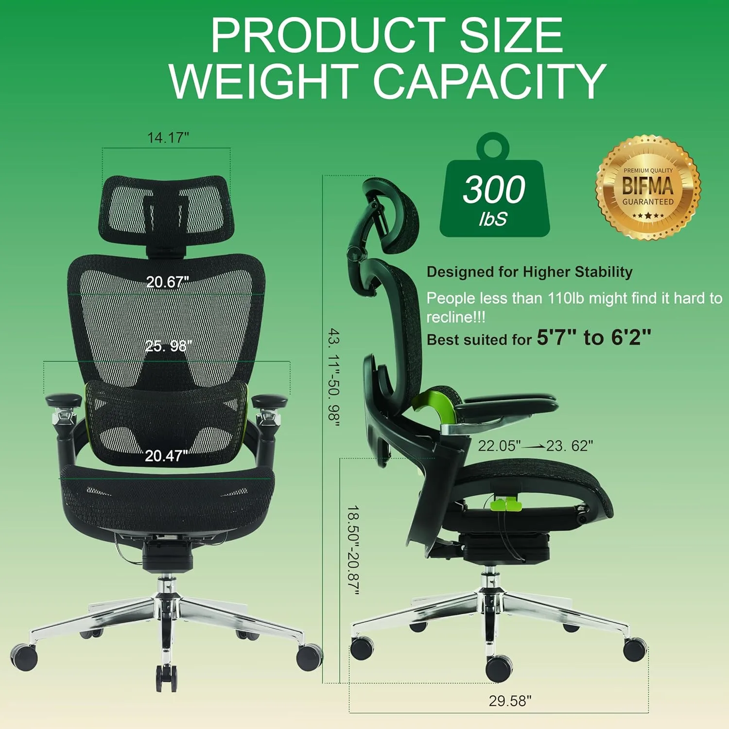 Ergonomic Office Chair, Big and Tall Mesh Computer Gaming Chair with Headrest, Work Chair with Adaptive Lumbar Support, 5D Armrest,90-130°Tilt, Model Zen (Green)