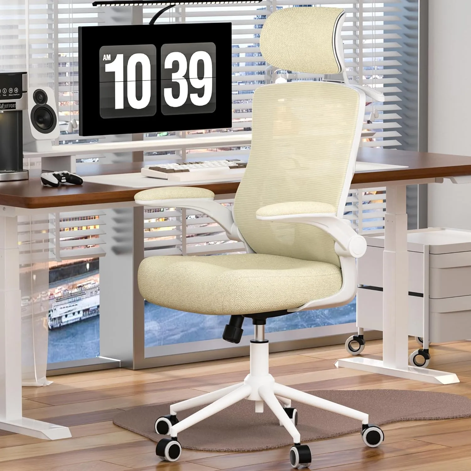 Ergonomic Office Chair, High Back Mesh Desk Chair with Molded Foam Cushion, Adjustable Headrest, Lumbar Support, Lock Function (All Beige)