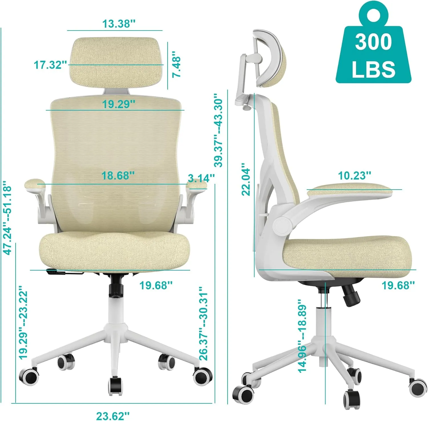 Ergonomic Office Chair, High Back Mesh Desk Chair with Molded Foam Cushion, Adjustable Headrest, Lumbar Support, Lock Function (All Beige)