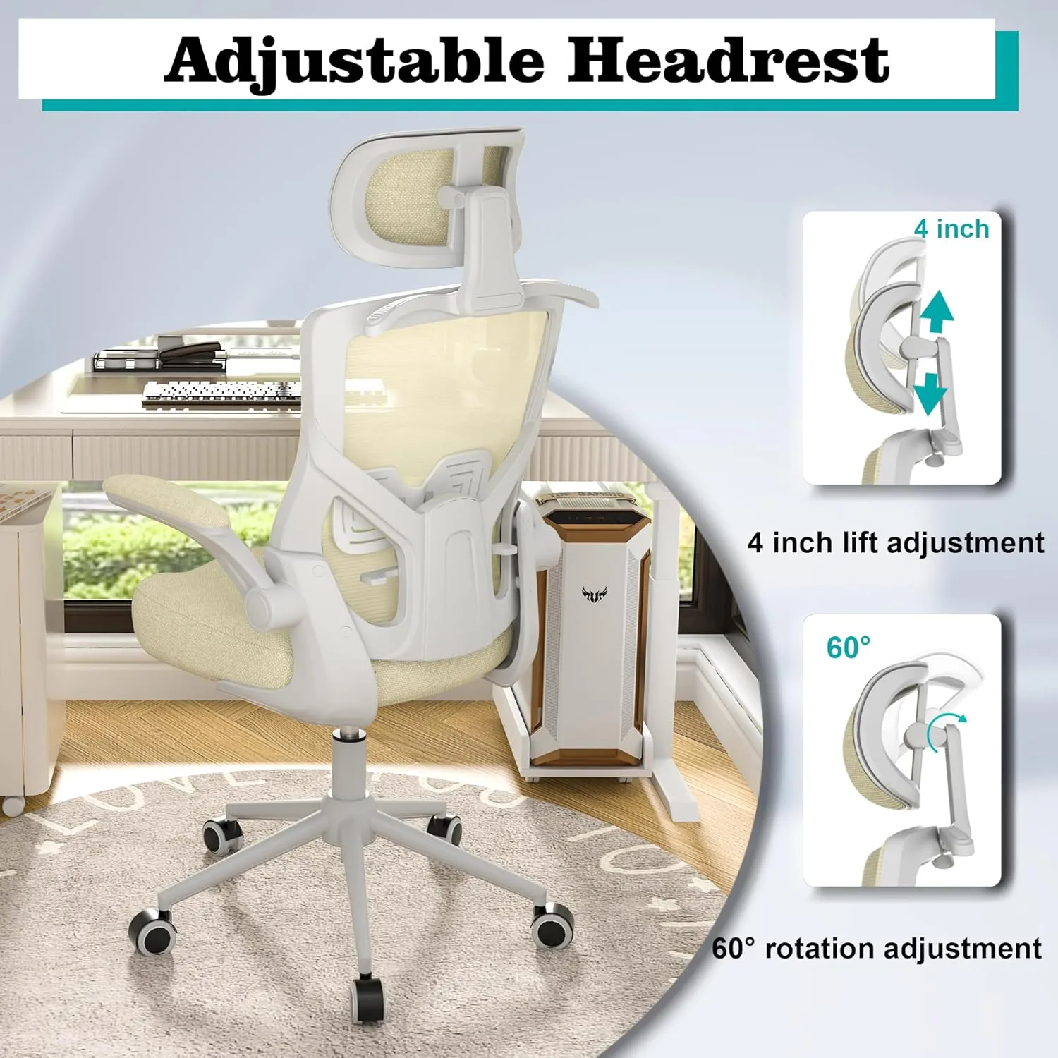 Ergonomic Office Chair, High Back Mesh Desk Chair with Molded Foam Cushion, Adjustable Headrest, Lumbar Support, Lock Function (All Beige)