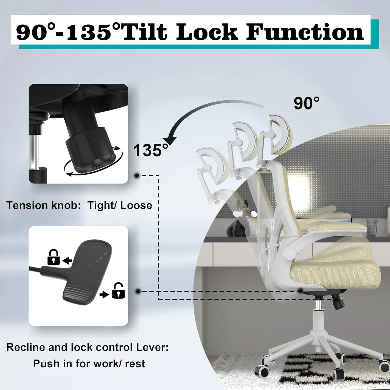 Ergonomic Office Chair, High Back Mesh Desk Chair with Molded Foam Cushion, Adjustable Headrest, Lumbar Support, Lock Function (All Beige)