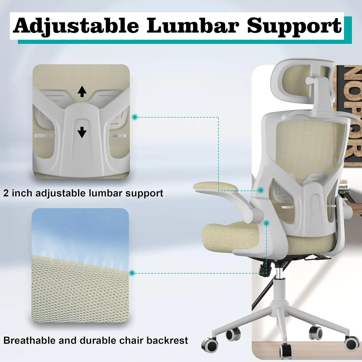 Ergonomic Office Chair, High Back Mesh Desk Chair with Molded Foam Cushion, Adjustable Headrest, Lumbar Support, Lock Function (All Beige)