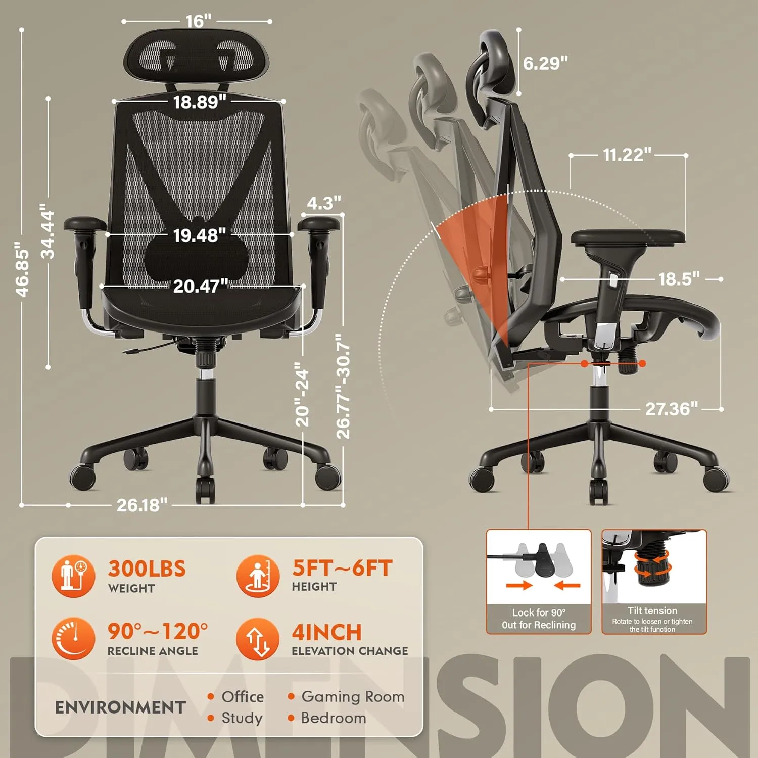 Ergonomic Office Chair, High-Back Swivel Computer Gaming Desk Chair with Lumbar Support and Adjustable Armrests, Home Office Chair with Breathable Mesh Backrest, 3-Gear Tilt Function,Black