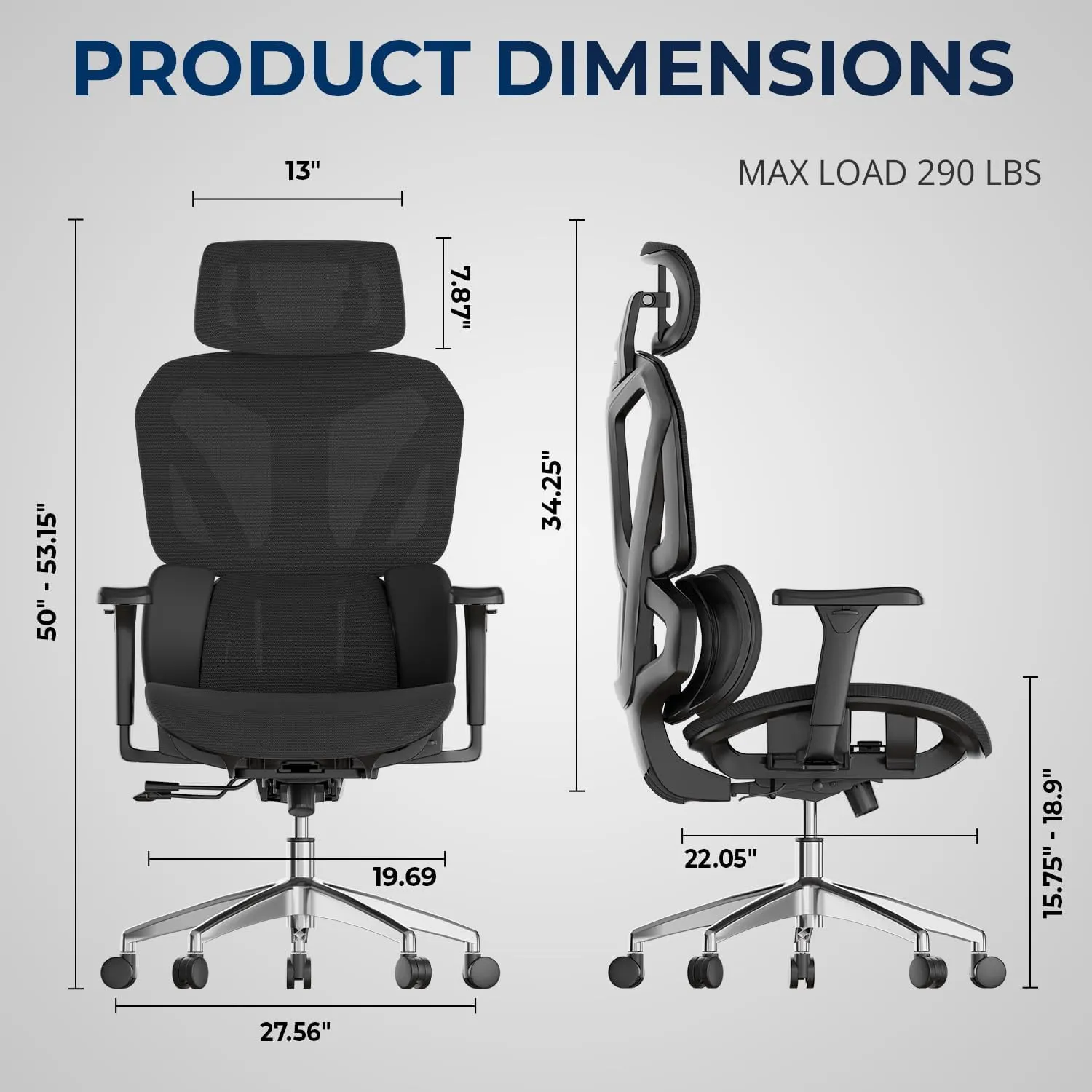 Ergonomic Office Chair – Mesh Office Chair with Headrest, Adjustable Armrest and Lumbar Support – Holds Up to 290lbs (GPP-MAX-90)