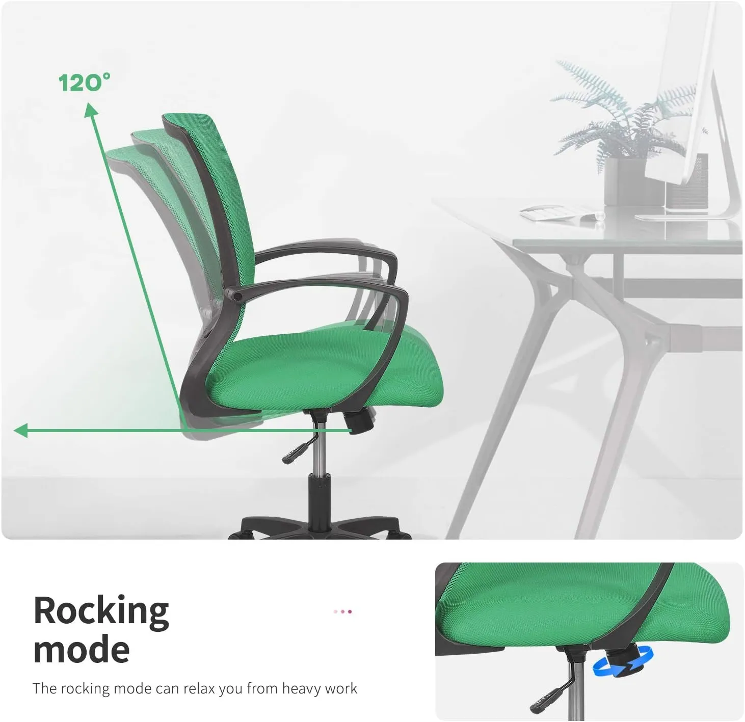 Ergonomic Office Chair - Movable Mesh Computer Chair With Lumbar Support, Armrest, Mid-Back, Rotating, Rolling, Adjustable for Adults, Green