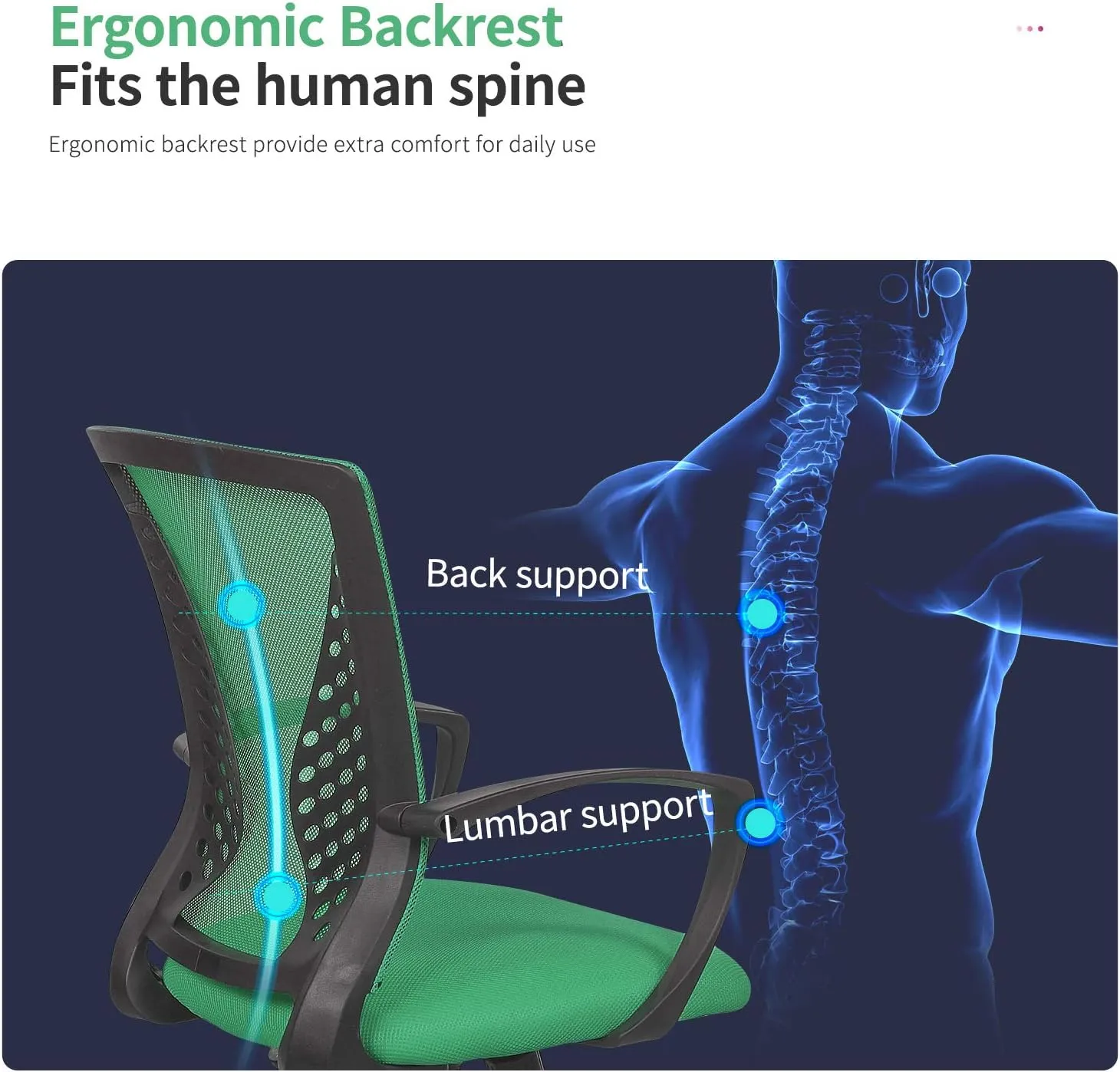 Ergonomic Office Chair - Movable Mesh Computer Chair With Lumbar Support, Armrest, Mid-Back, Rotating, Rolling, Adjustable for Adults, Green