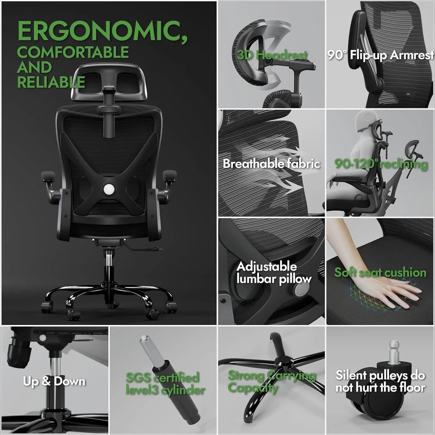 Ergonomic Office Chair - X-Shaped Computer Desk Chair Comfy, Gaming Chair, Office Chair with Lumbar Support, Mesh Office Chairs with Headrests (Black)