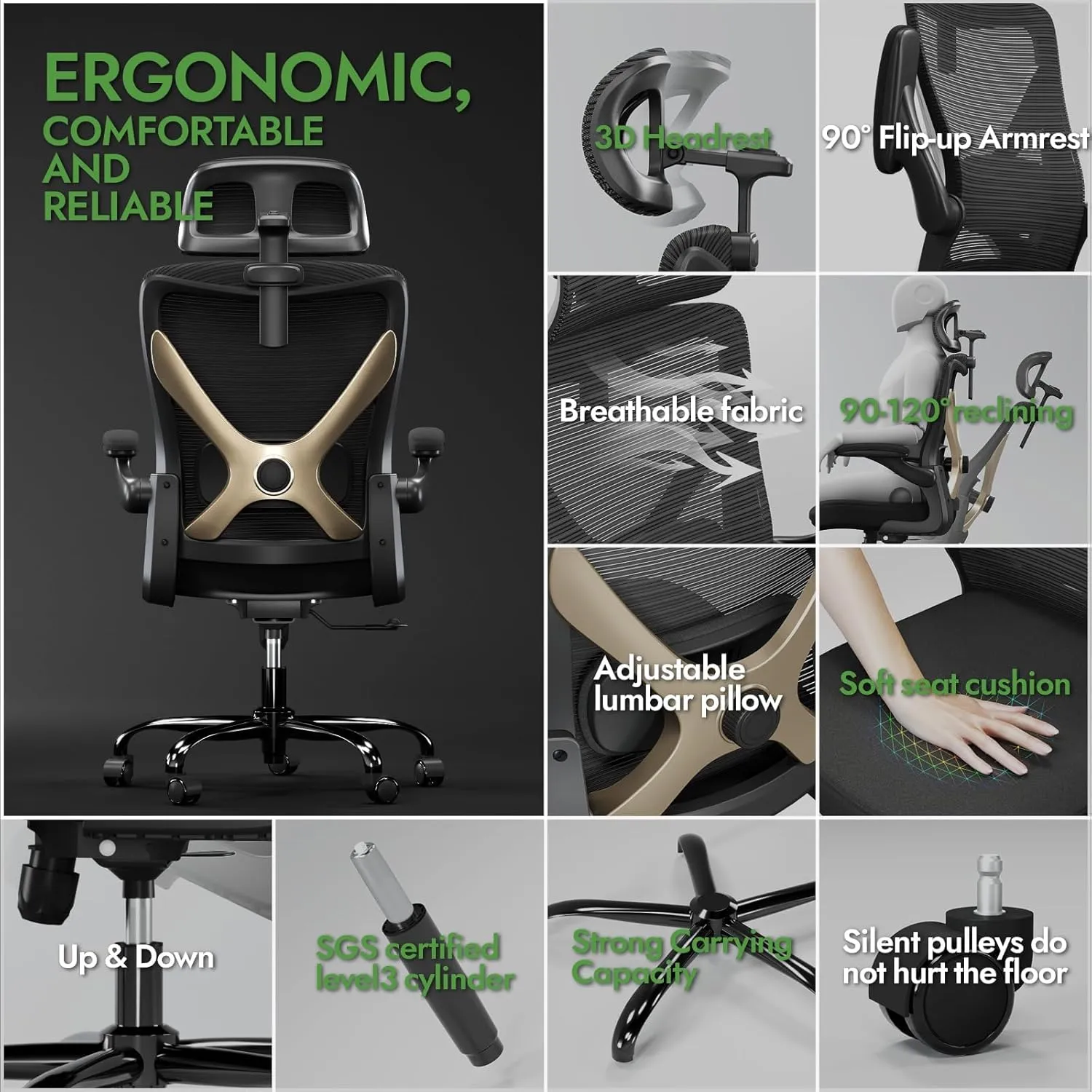 Ergonomic X-Shaped Computer Desk Chair with Lumbar Support, Mesh Headrest - Comfy Gaming & Office Chair for Long Hours (Black Gold)