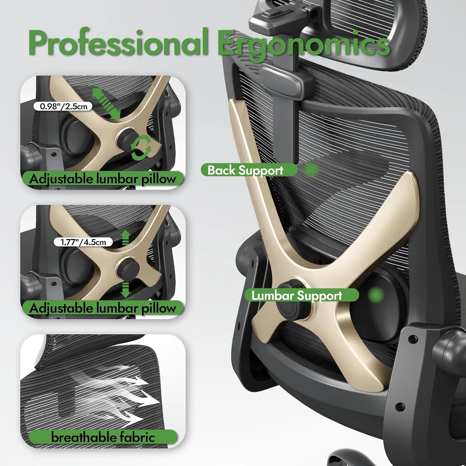 Ergonomic X-Shaped Computer Desk Chair with Lumbar Support, Mesh Headrest - Comfy Gaming & Office Chair for Long Hours (Black Gold)