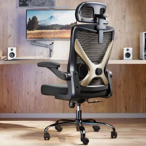 Ergonomic X-Shaped Computer Desk Chair with Lumbar Support, Mesh Headrest - Comfy Gaming & Office Chair for Long Hours (Black Gold)