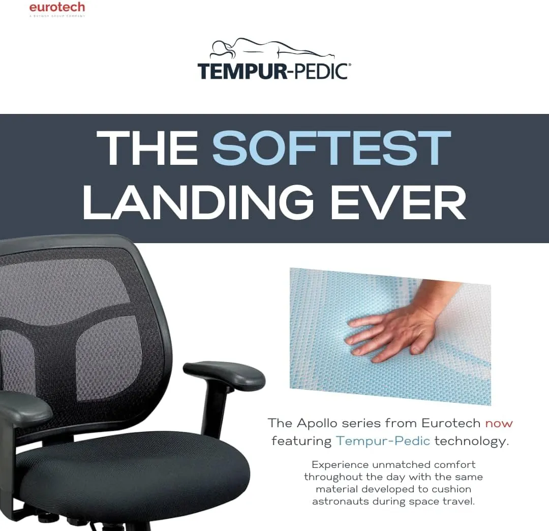 Eurotech Seating Monterey Swivel Ergonomic Office Chair with TEMPUR® Cushioned Seat, Mesh Back, and Synchro Tilt, 360-Degree Swivel Executive Task Office Chair, Black