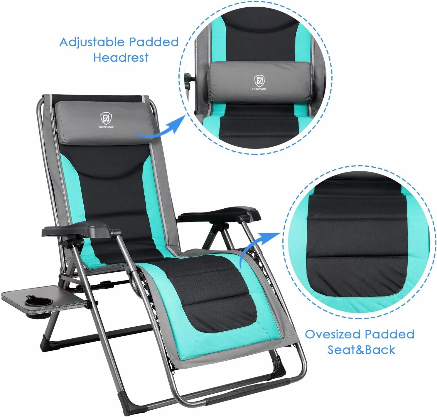 EVER ADVANCED Oversize XL Zero Gravity Recliner Padded Patio Lounger Chair with Adjustable Headrest Support 350lbs (Green)
