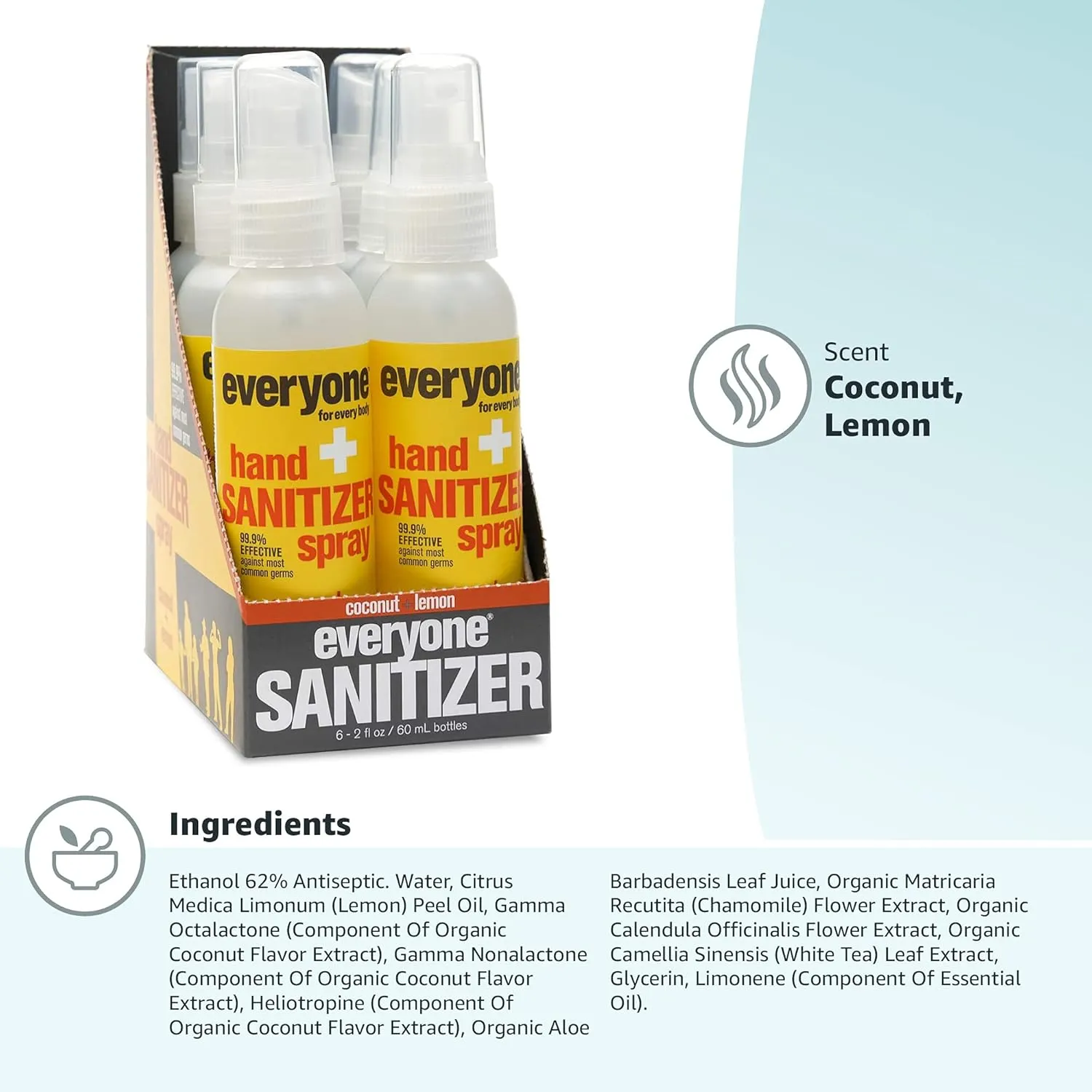everyone for every body Hand Sanitizer Spray: Coconut and Lemon, Travel Size, 2 Ounce, 6 Count
