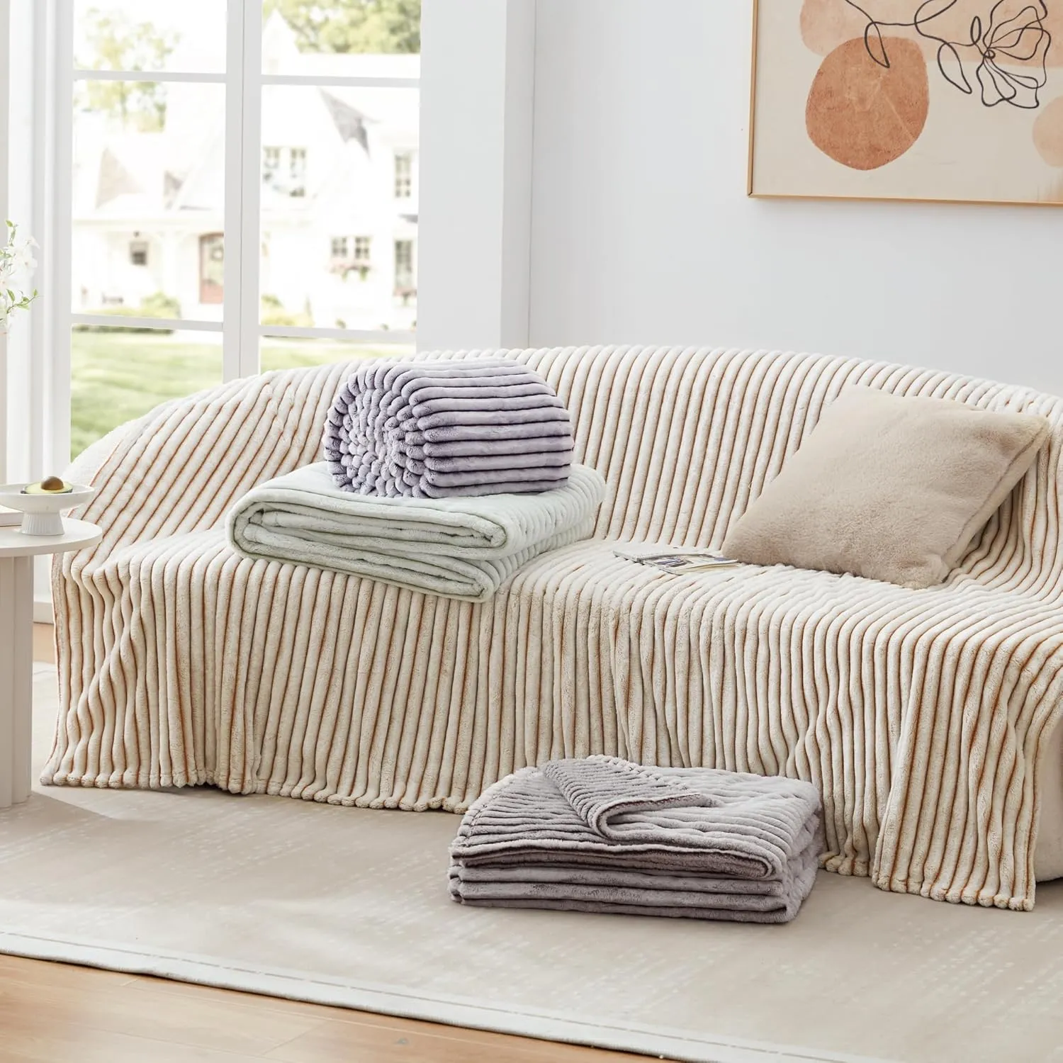 EXQ Home Fleece Throw Blanket for Couch or Bed - 3D Printed Stripe Jacquard Decorative Blankets - Cozy Soft Lightweight Fuzzy Flannel Blanket Suitable for All Seasons(50"×60",Brown)