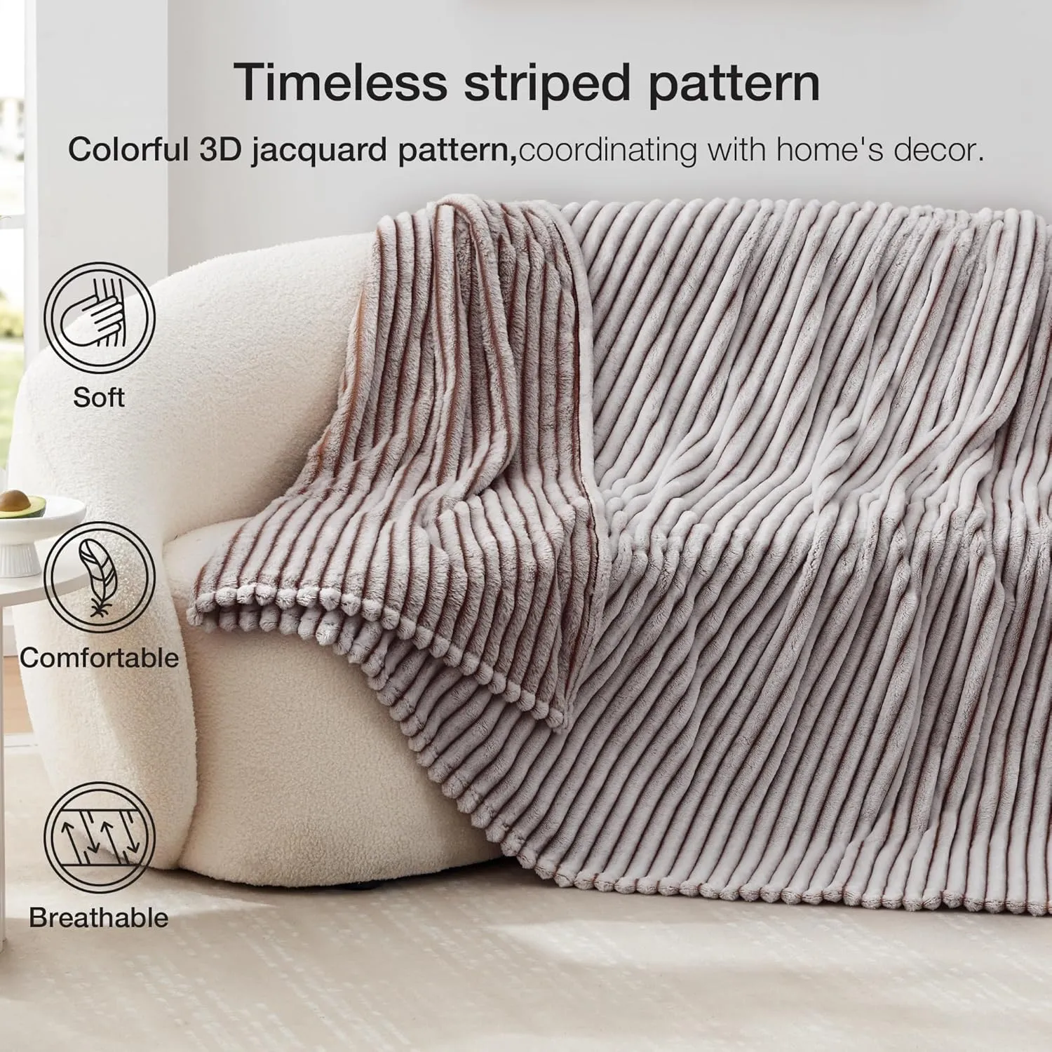 EXQ Home Fleece Throw Blanket for Couch or Bed - 3D Printed Stripe Jacquard Decorative Blankets - Cozy Soft Lightweight Fuzzy Flannel Blanket Suitable for All Seasons(50"×60",Brown)