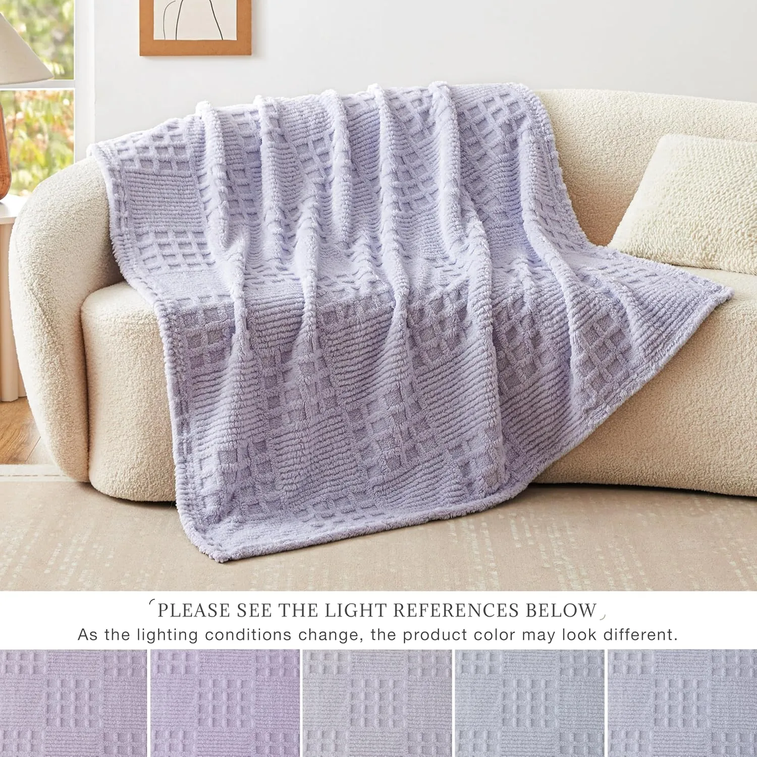 EXQ Home Fleece Throw Blanket for Couch or Bed - 3D Waffle Patchwork Pattern Jacquard Decorative Blankets - Cozy Soft Lightweight Fuzzy Flannel Blanket Suitable for All Seasons(50"×60",Light Purple)